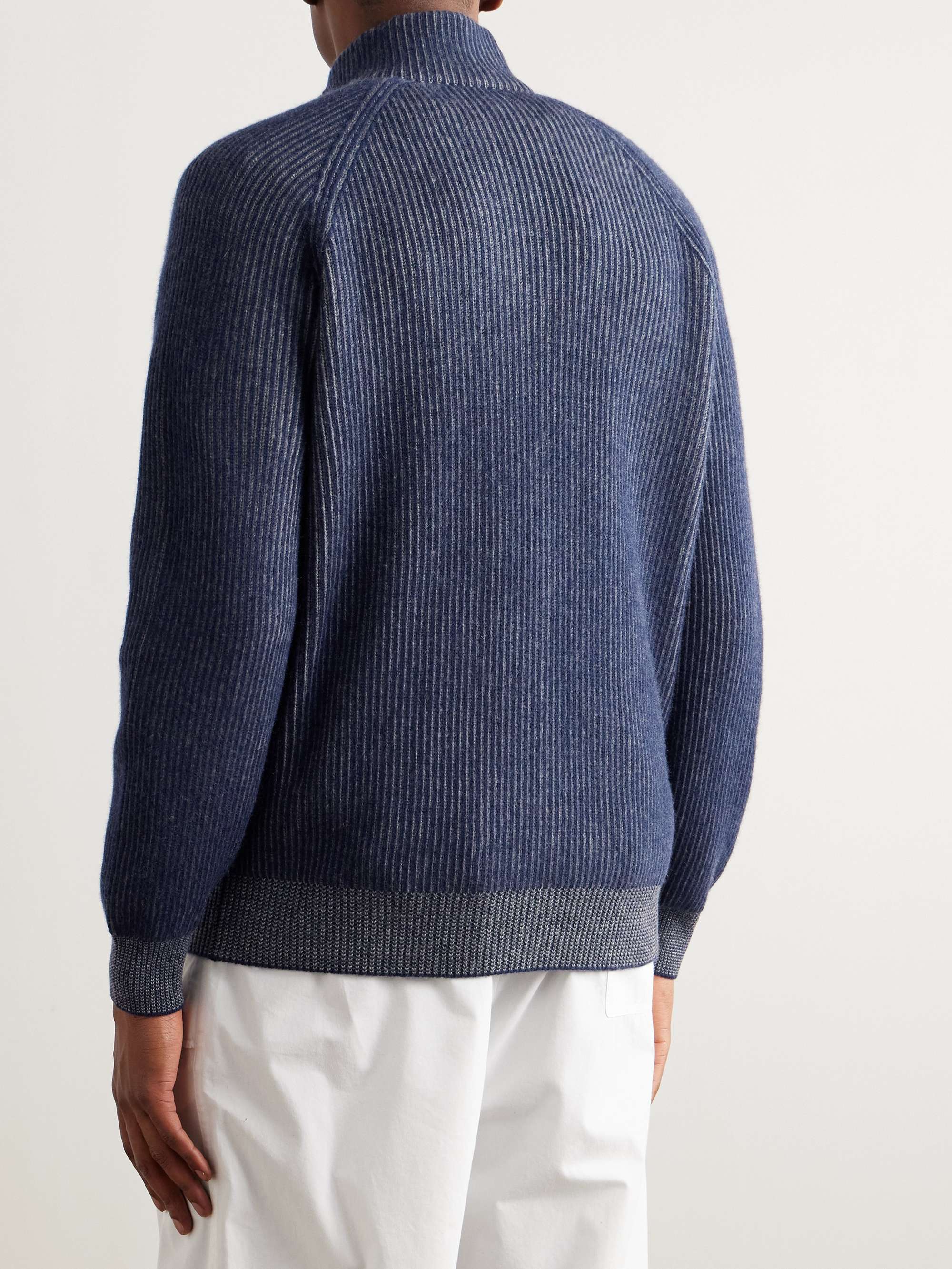Striped Ribbed Cashmere Half-Zip Sweater view