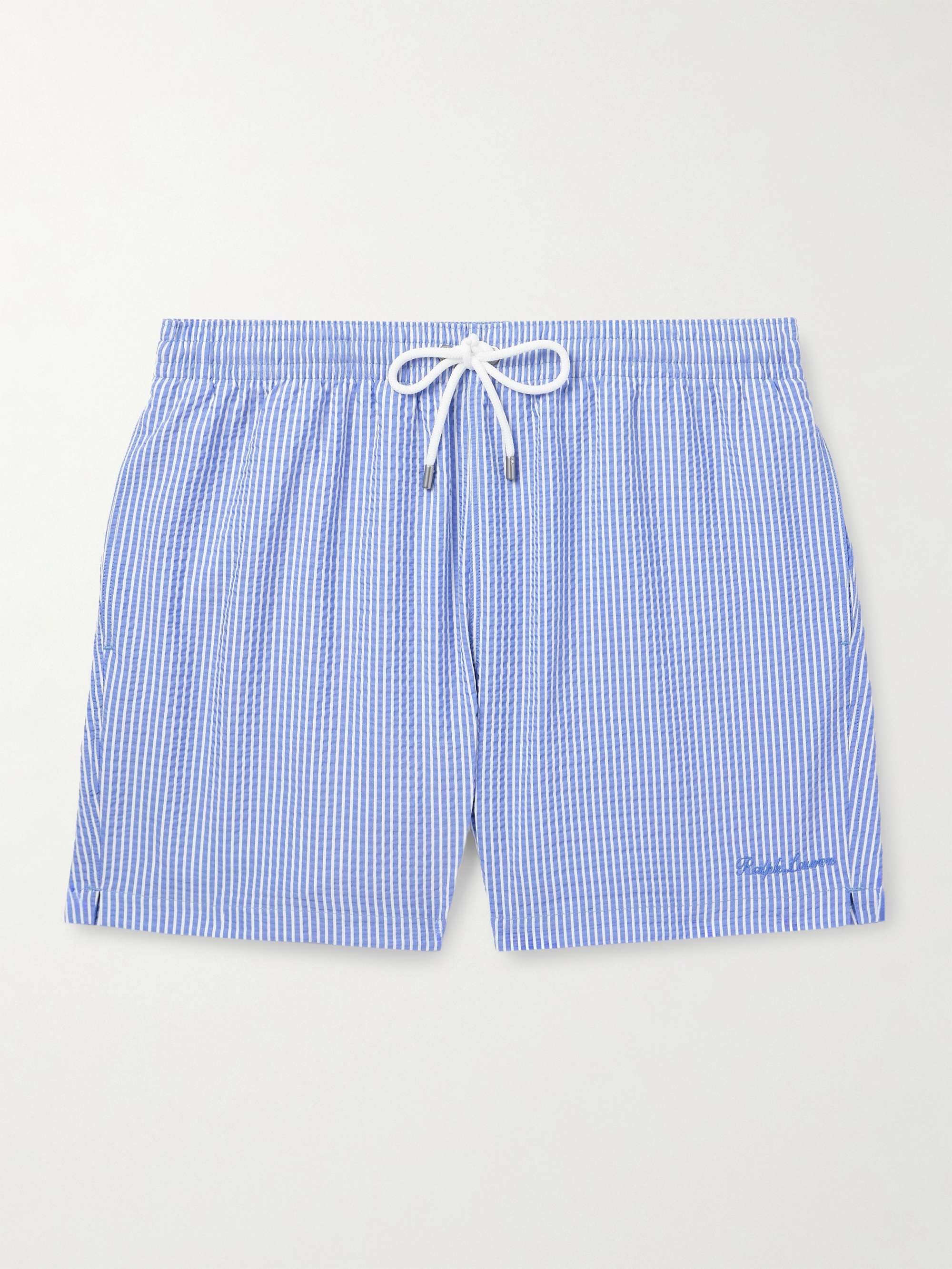 Amalfi Straight-Leg Mid-Length Striped Seersucker Swim Shorts view