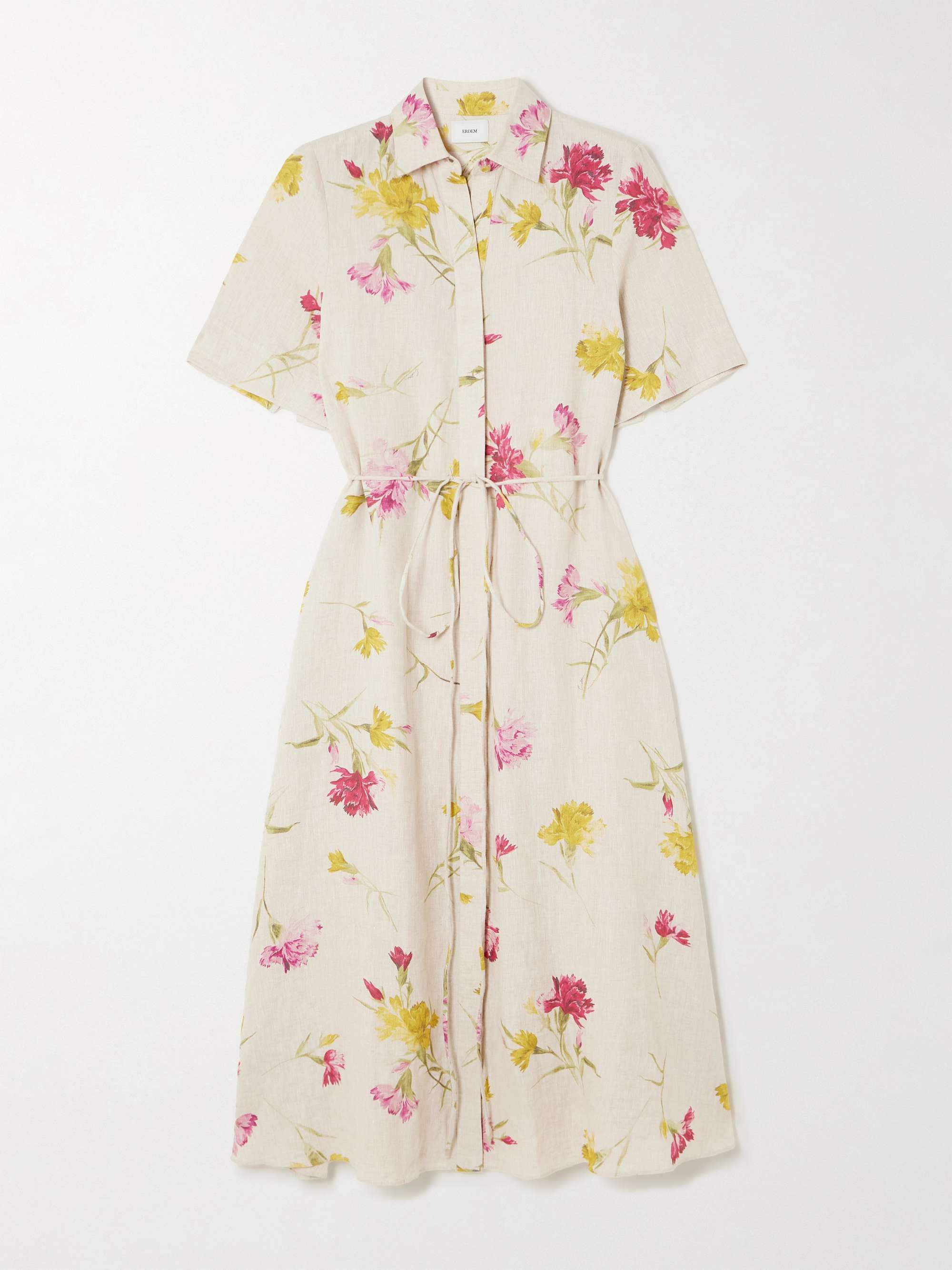 Belted floral-print linen midi shirt dress view