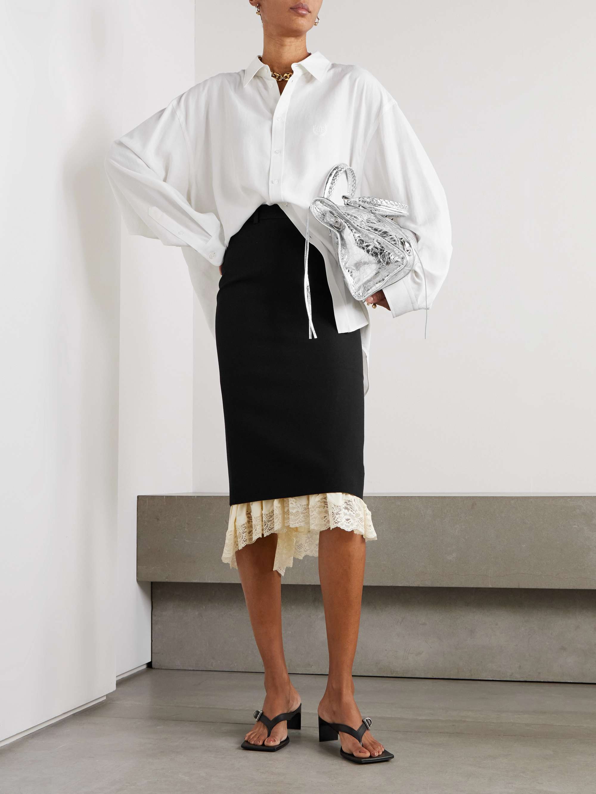 Lace-trimmed wool midi skirt view
