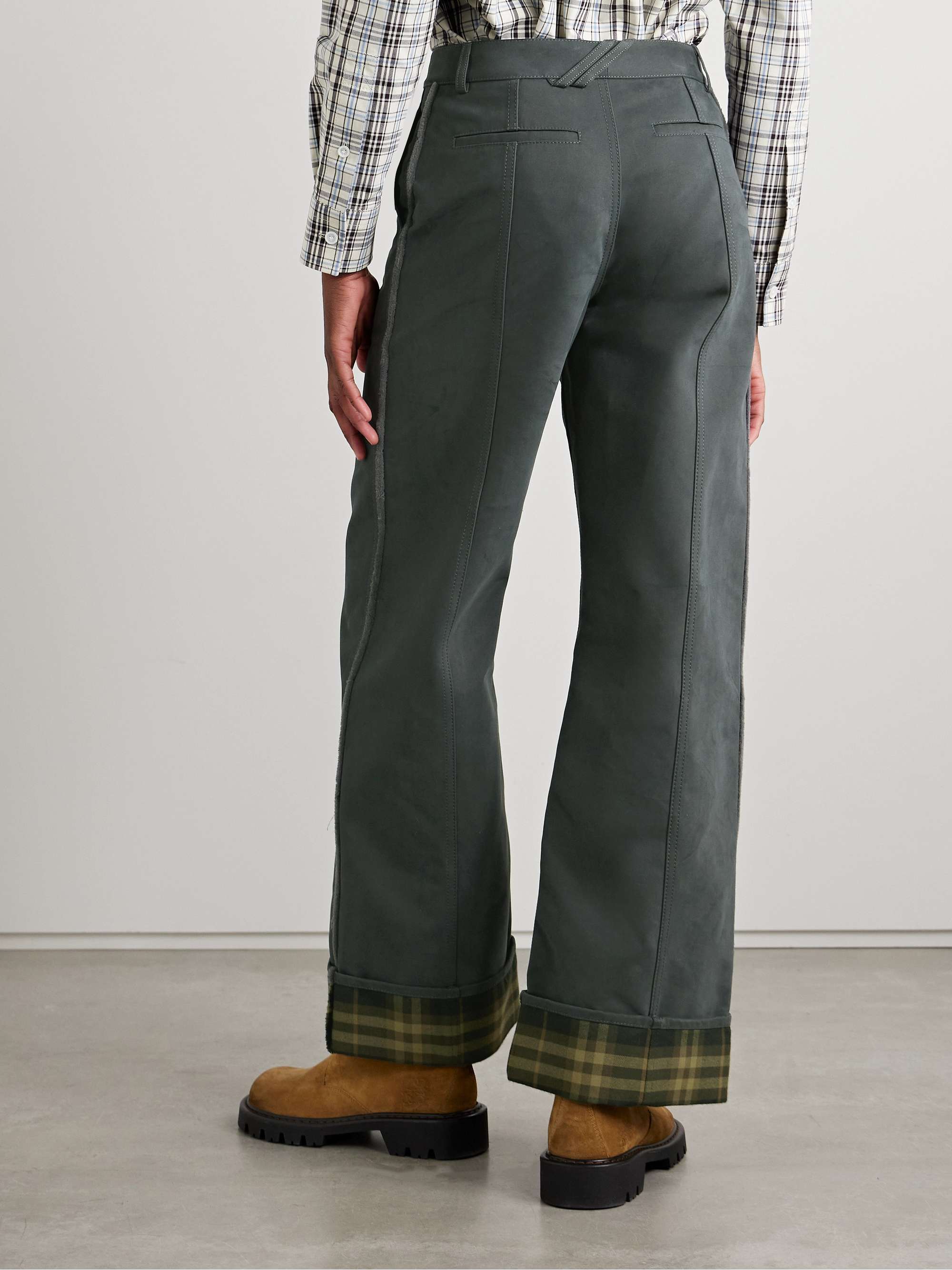 Checked twill-trimmed brushed cotton-blend wide-leg pants view