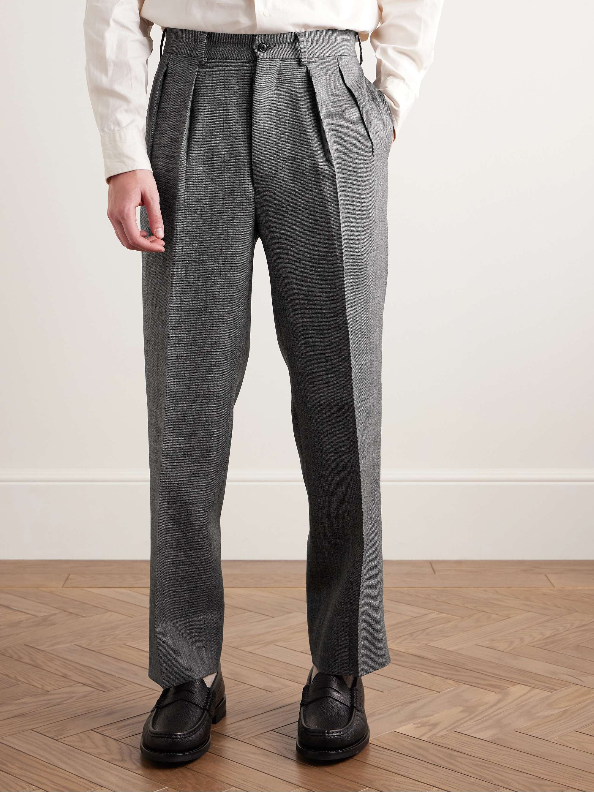 Manhattan Straight-Leg Pleated Checked Wool-Gabardine Trousers view
