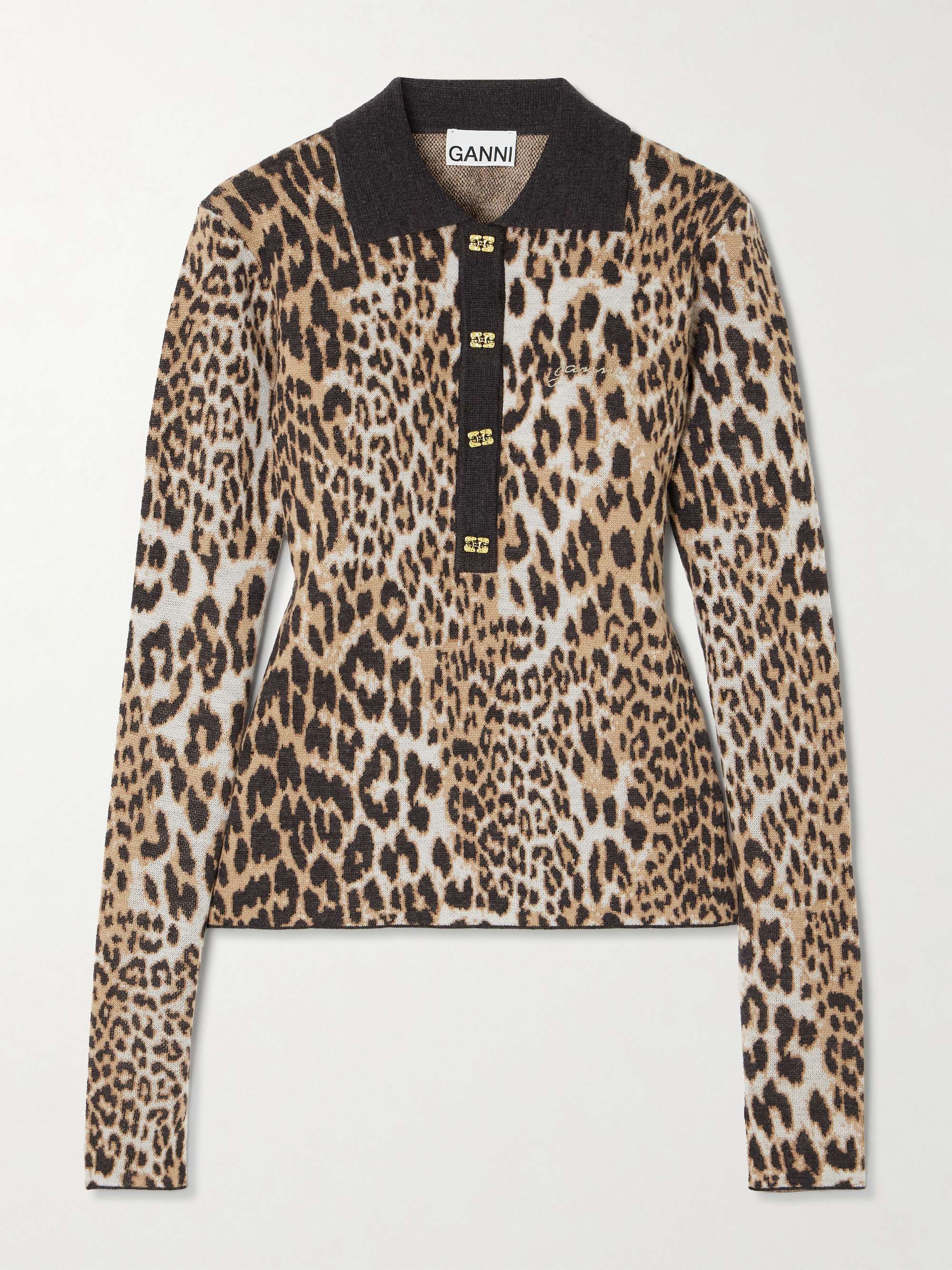 Leopard-print jacquard-knit merino wool polo sweater view