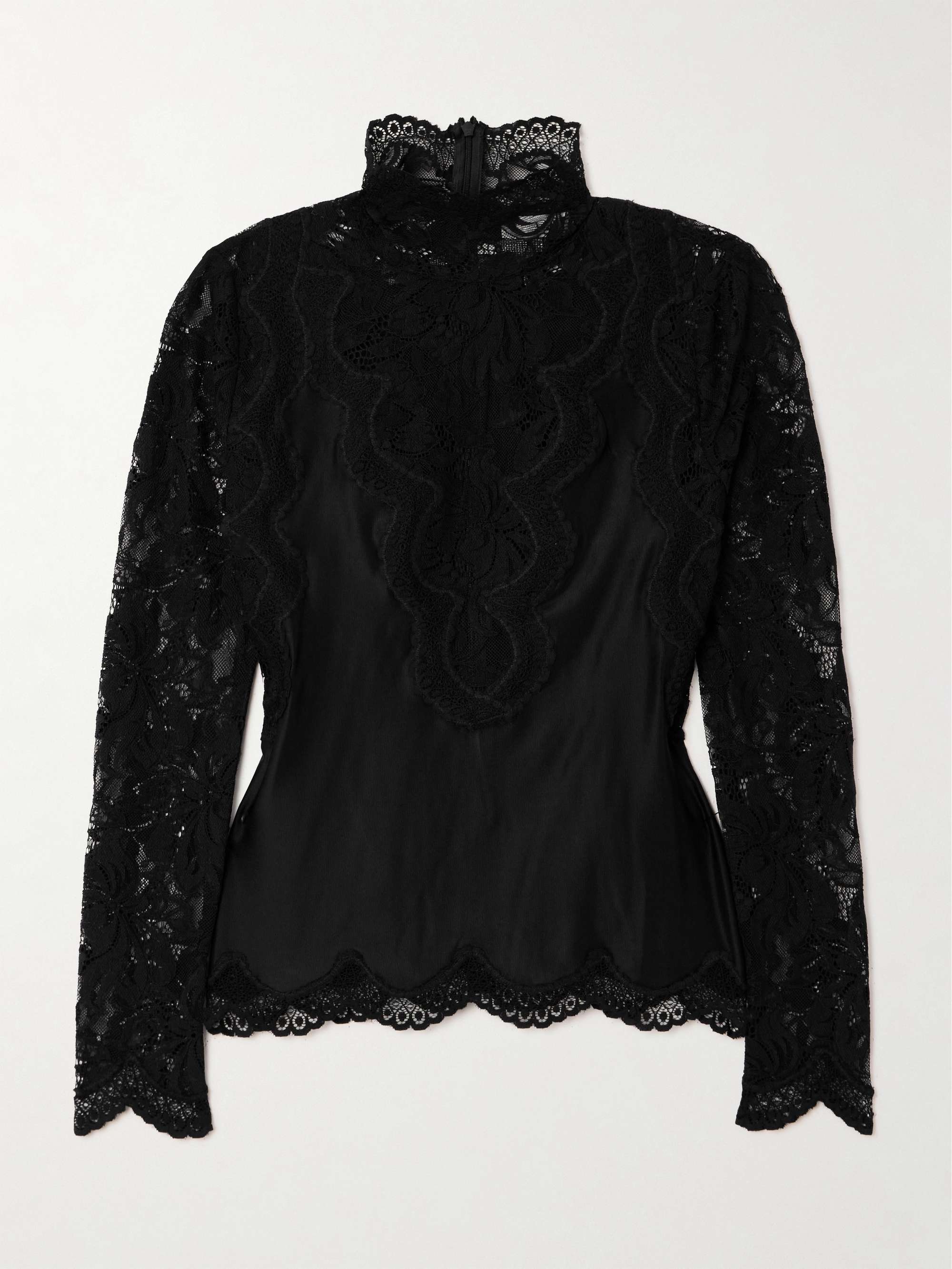 Lace and satin turtleneck top view