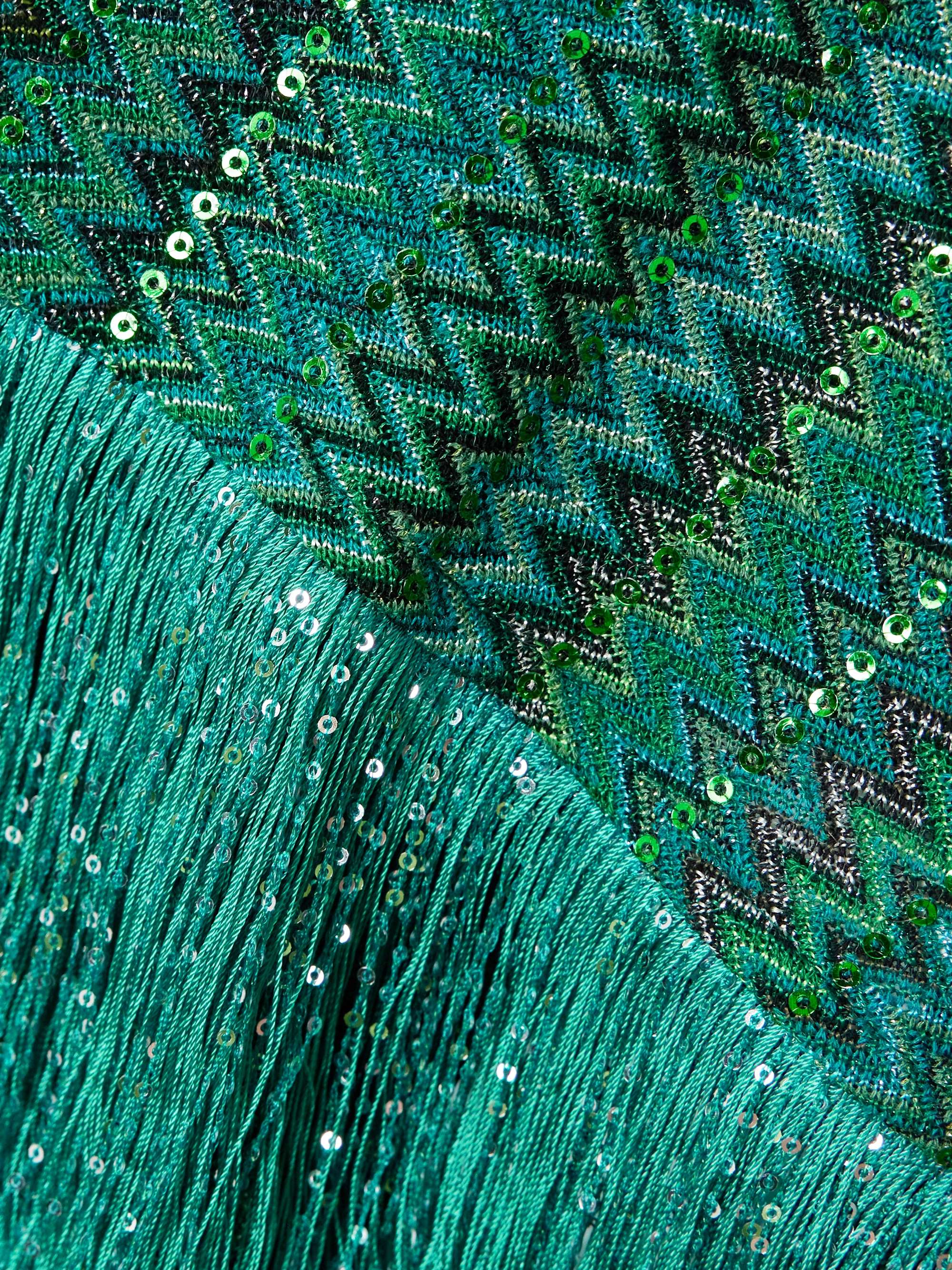 Fringed sequin-embellished metallic crochet-knit top view
