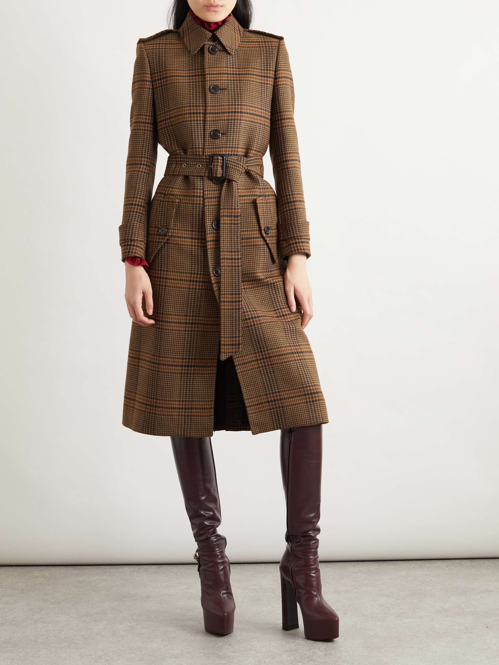 Belted checked wool trench coat view