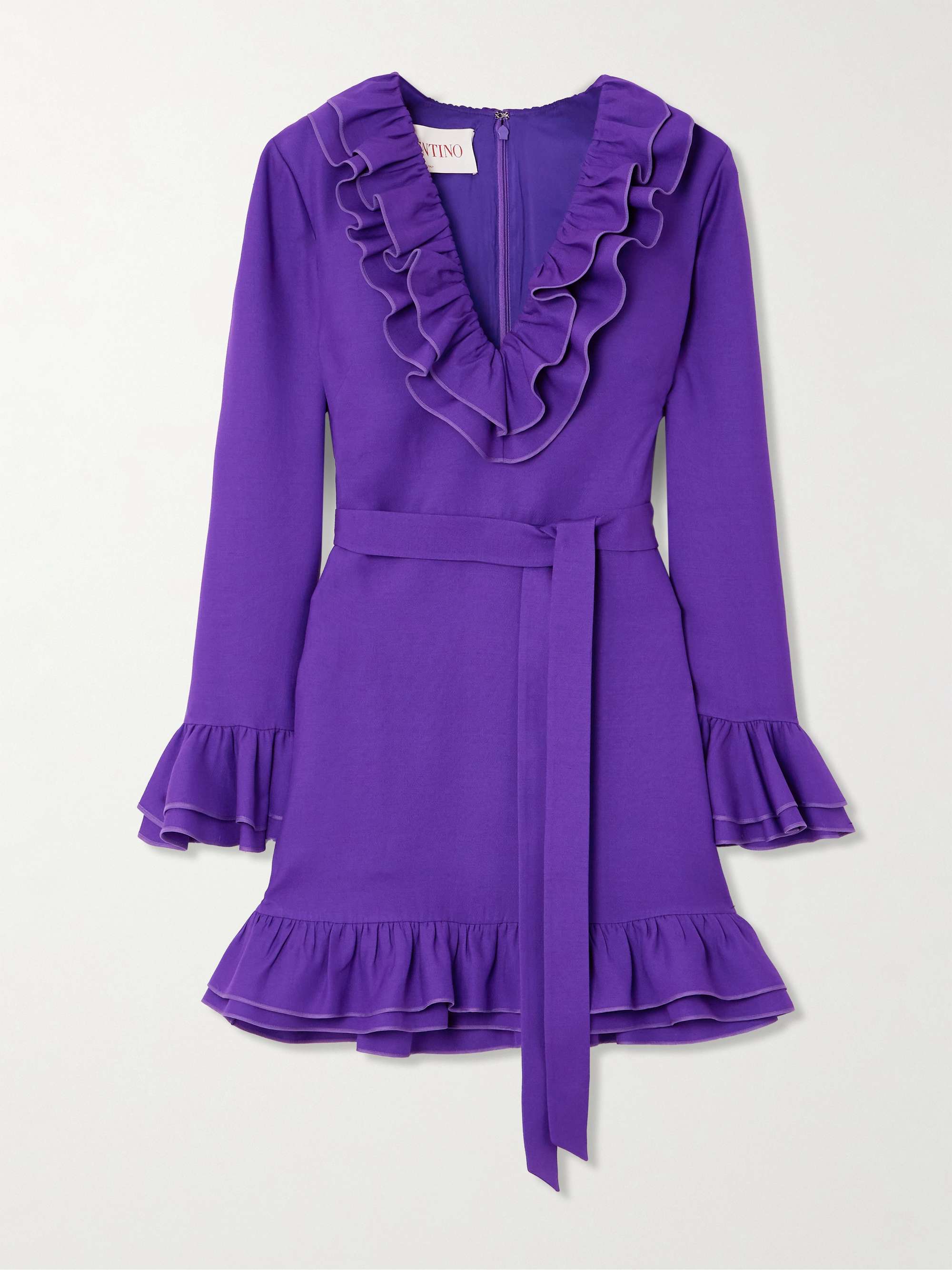 Belted ruffled wool and silk-blend crepe mini dress view