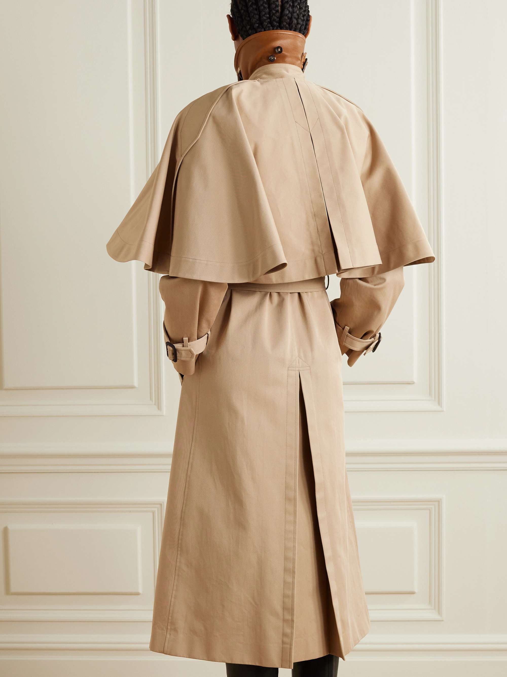 Layered leather-trimmed organic cotton-gabardine trench coat view