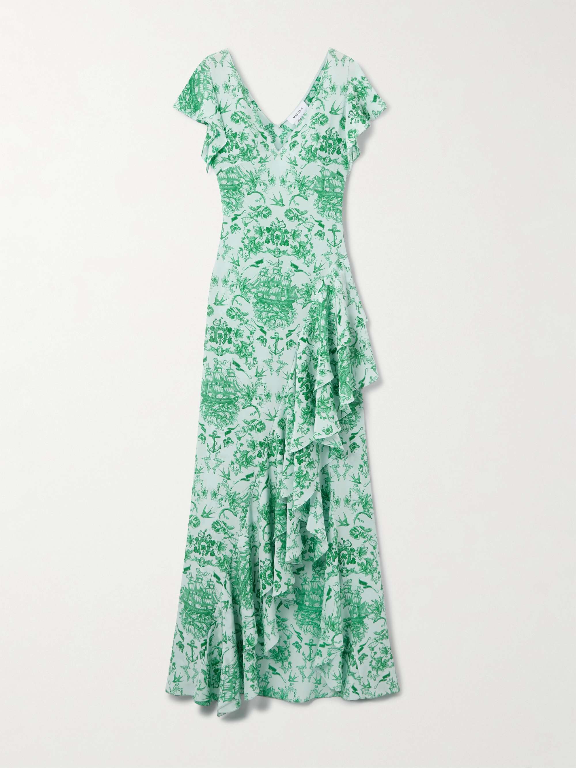 Asymmetric ruffled printed silk-satin maxi dress view