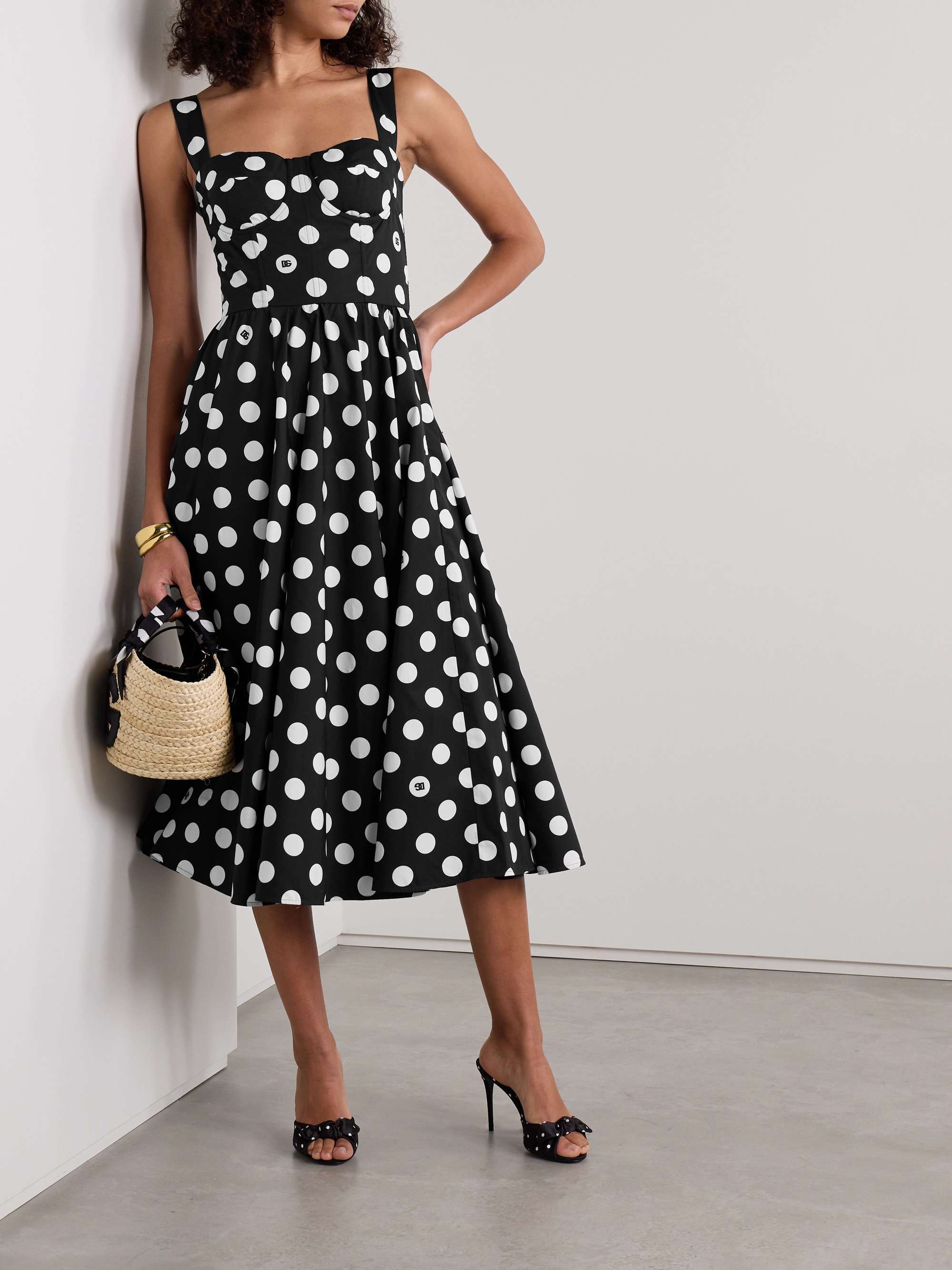 Pleated polka-dot cotton-poplin midi dress view
