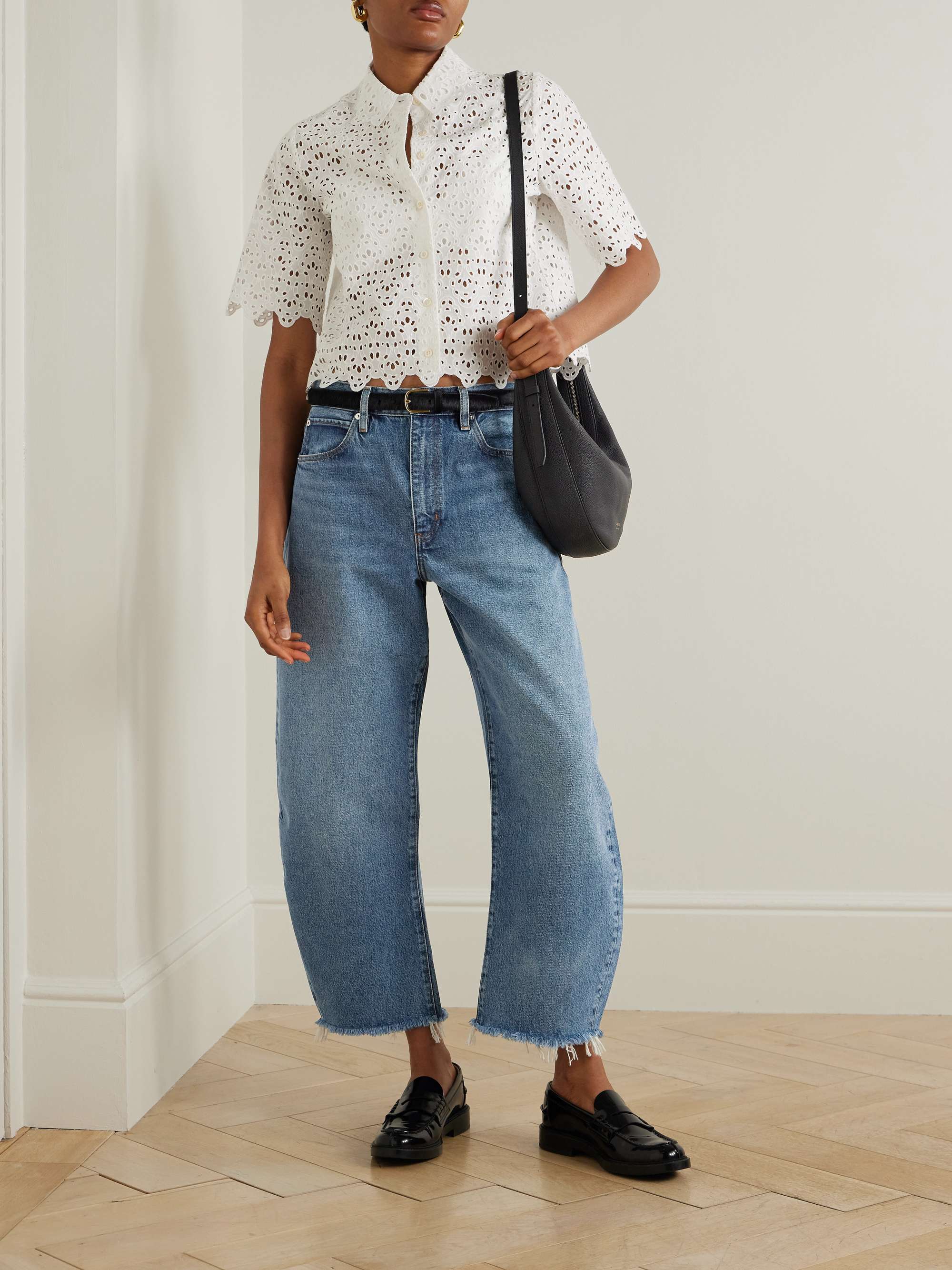The Bubble Crop frayed high-rise barrel-leg jeans view