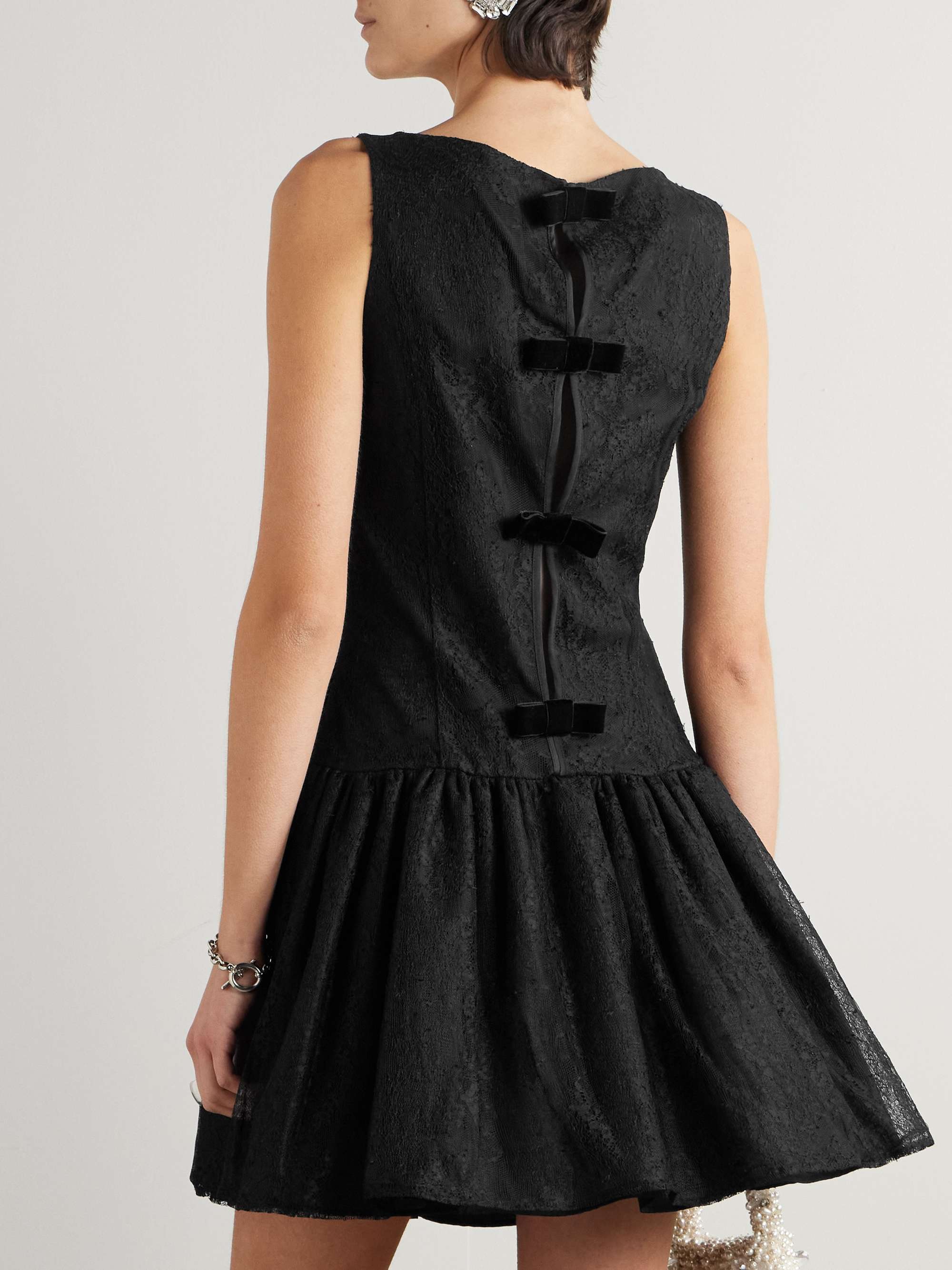 Velvet-trimmed bow-detailed gathered Chantilly lace mini dress view