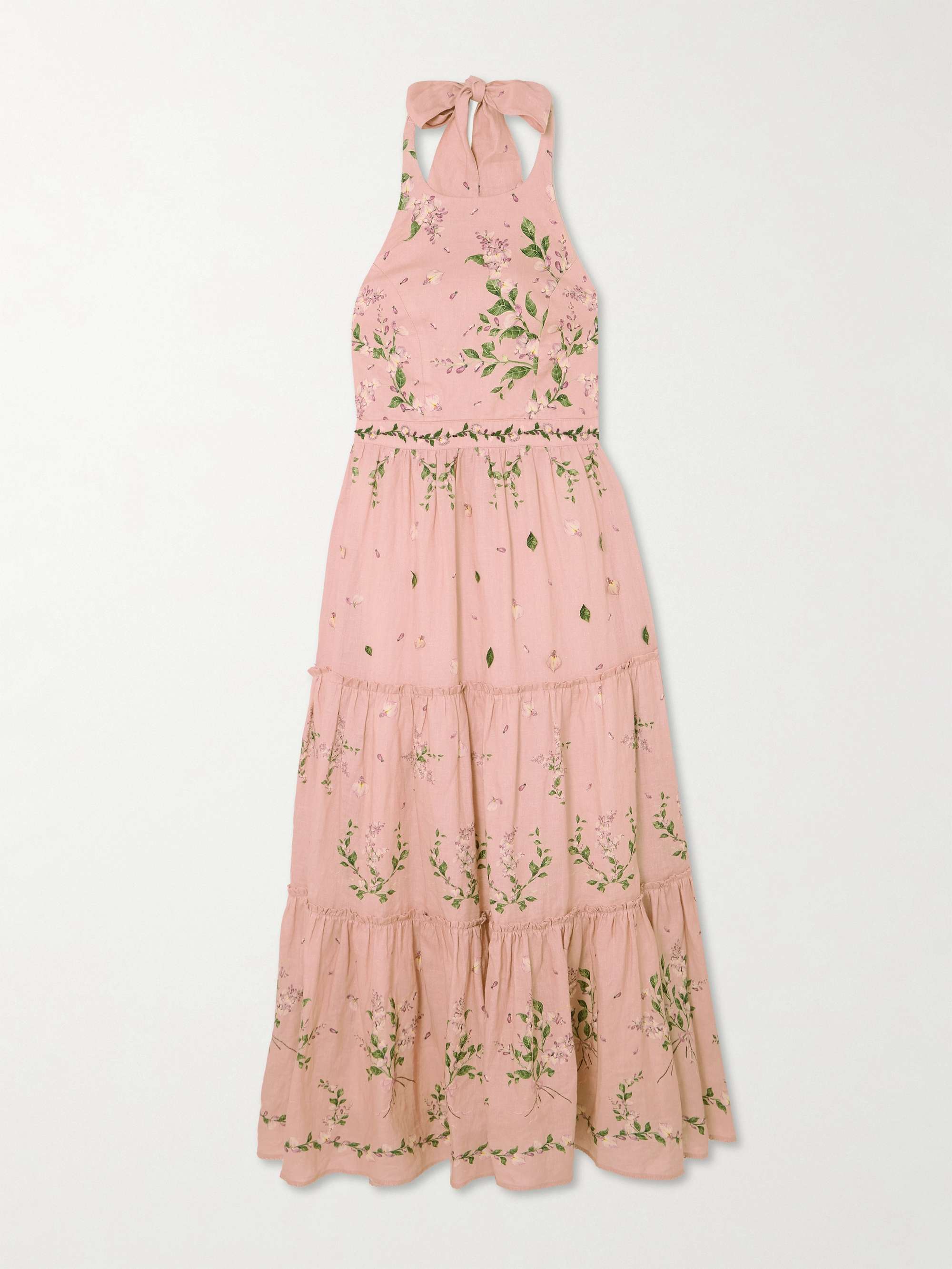Consuelo Wisteria tiered embroidered floral-print linen halterneck midi dress view
