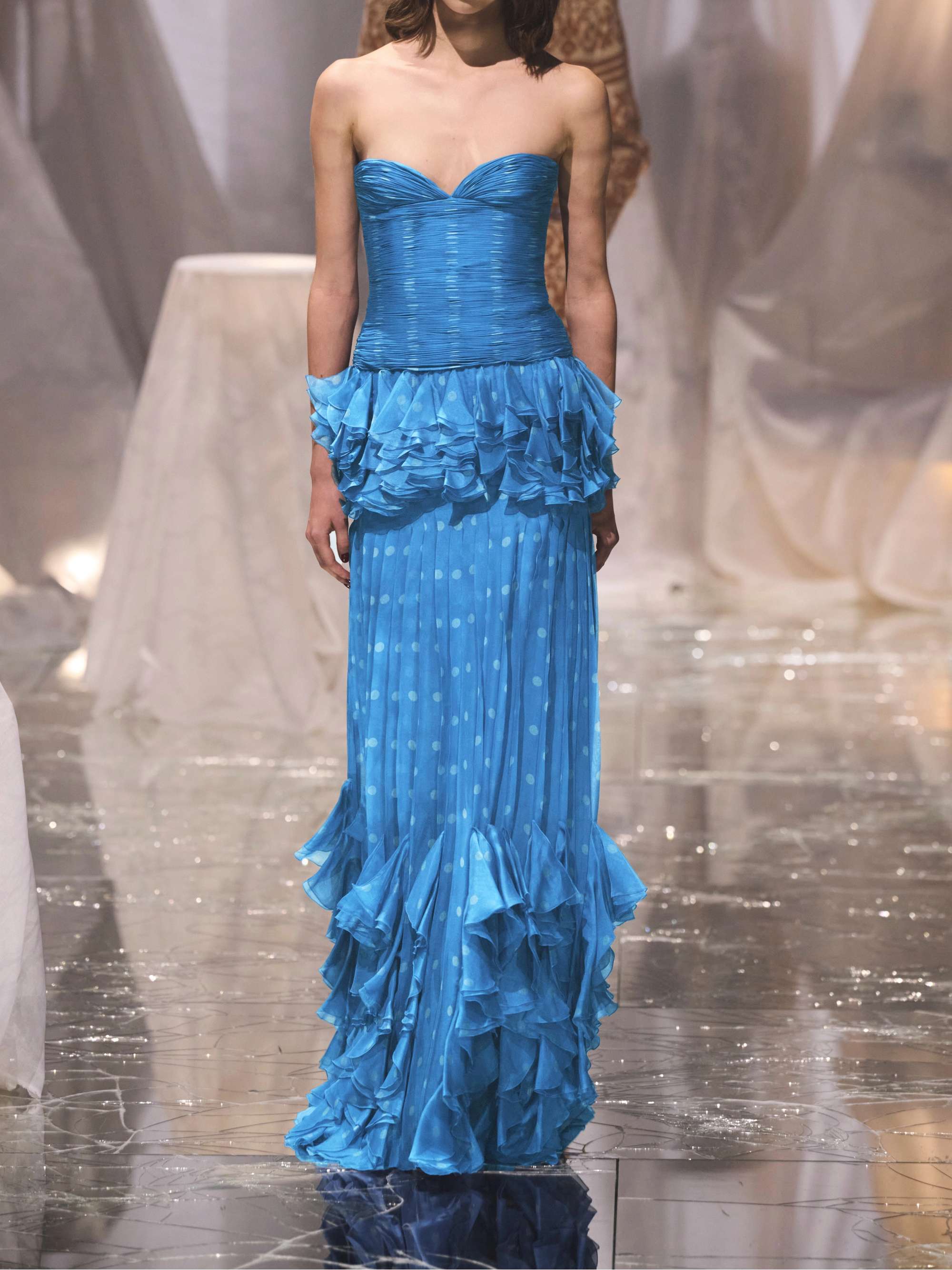 Strapless pleated ruffled polka-dot silk-chiffon gown view