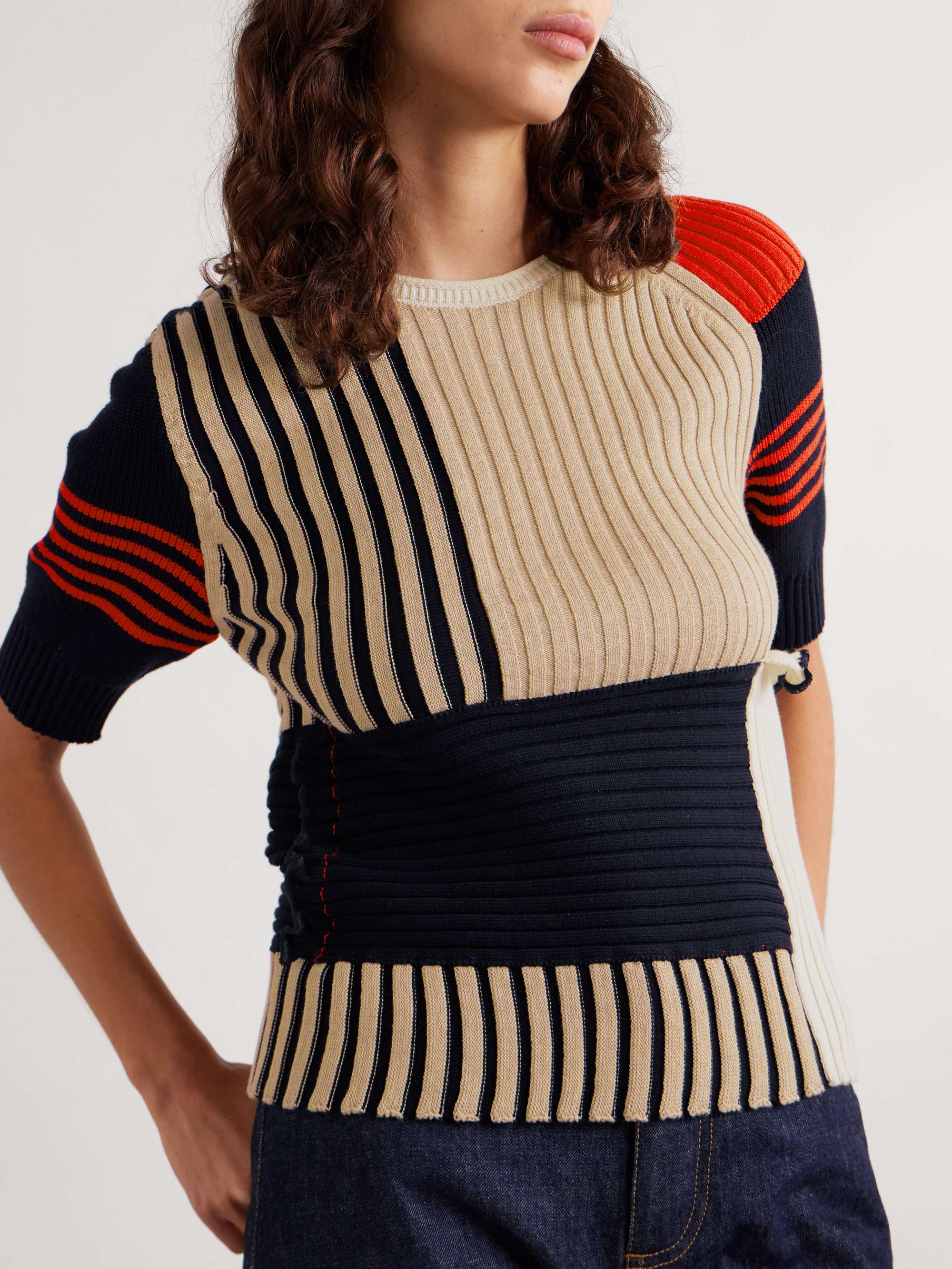 Patchwork ruffled striped ribbed cotton sweater view