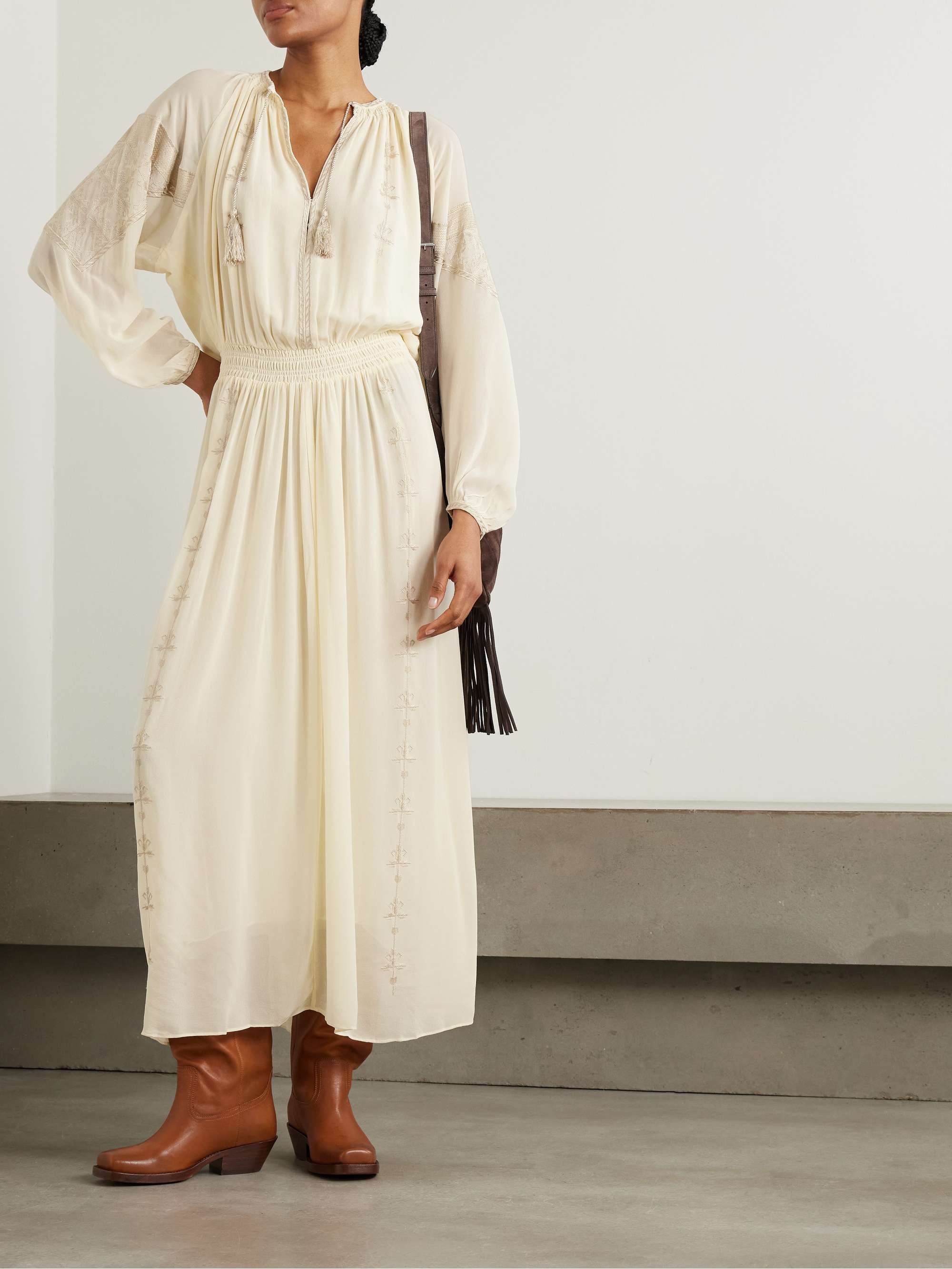 Odilia tasseled smocked embroidered silk crepe de chine midi dress view
