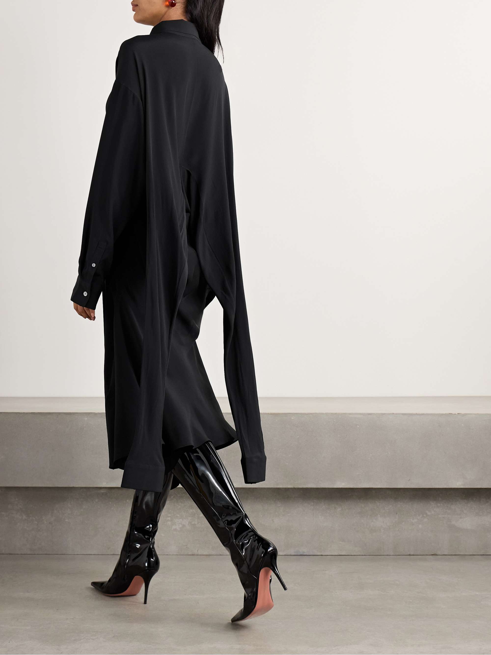 Convertible asymmetric belted crepe de chine midi shirt dress view