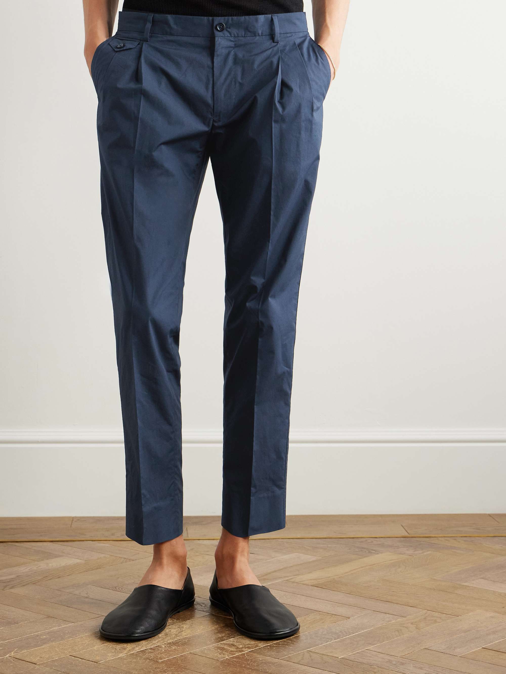 Slim-Fit Tapered Pleated Cotton-Poplin Trousers view
