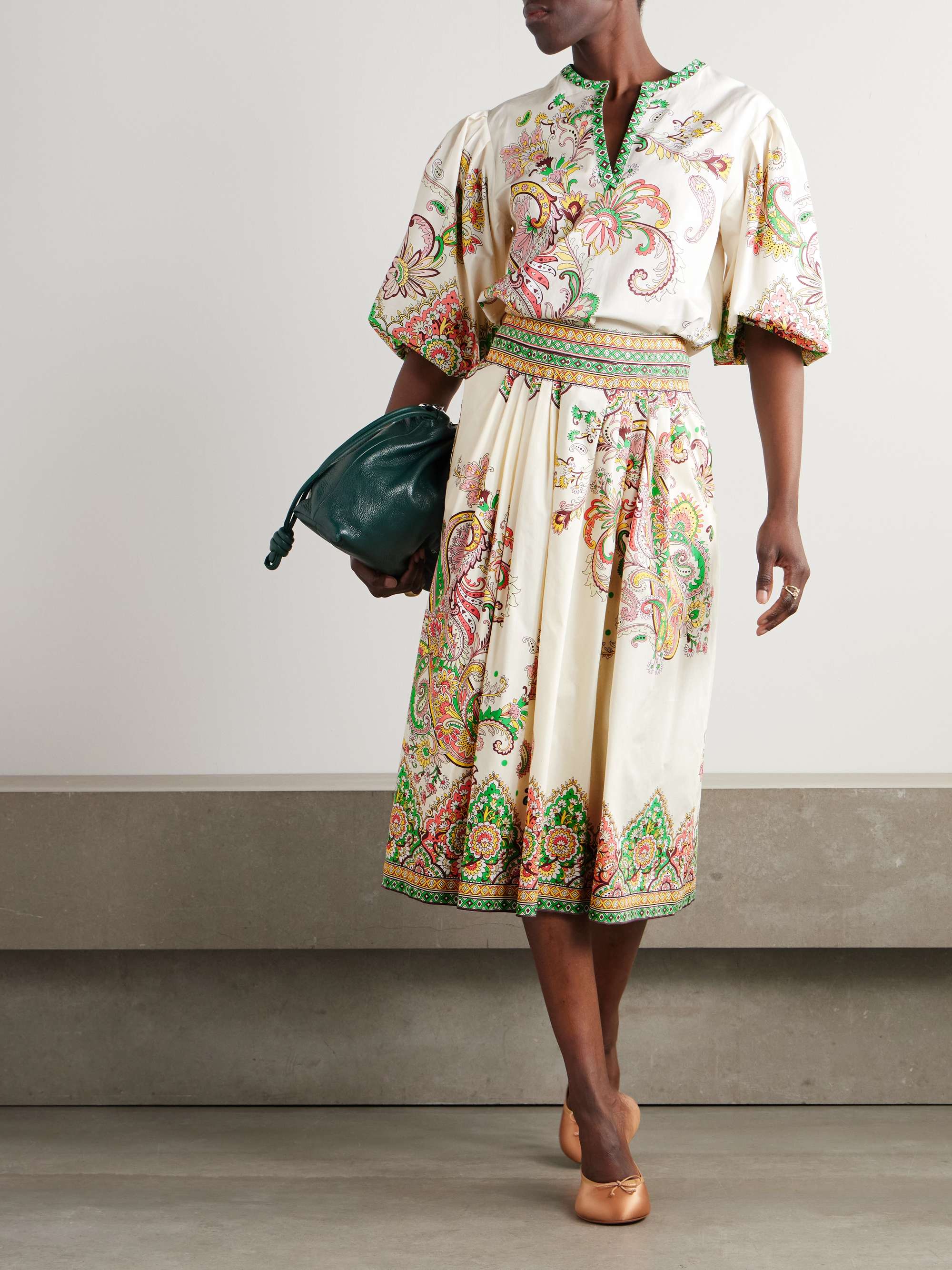 Pleather printed cotton-poplin midi skirt view