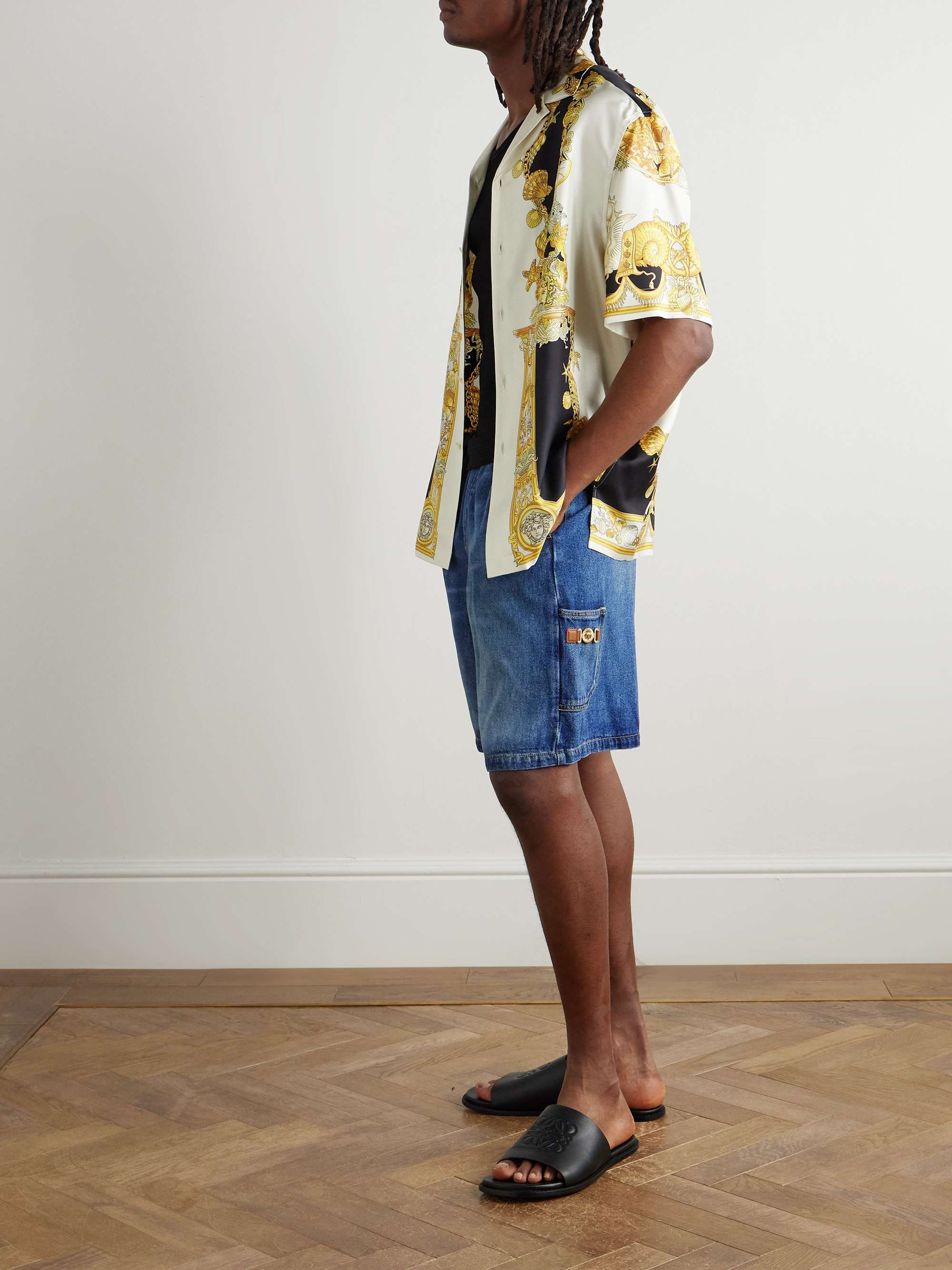Straight-Leg Horsebit-Embellished Denim Shorts view