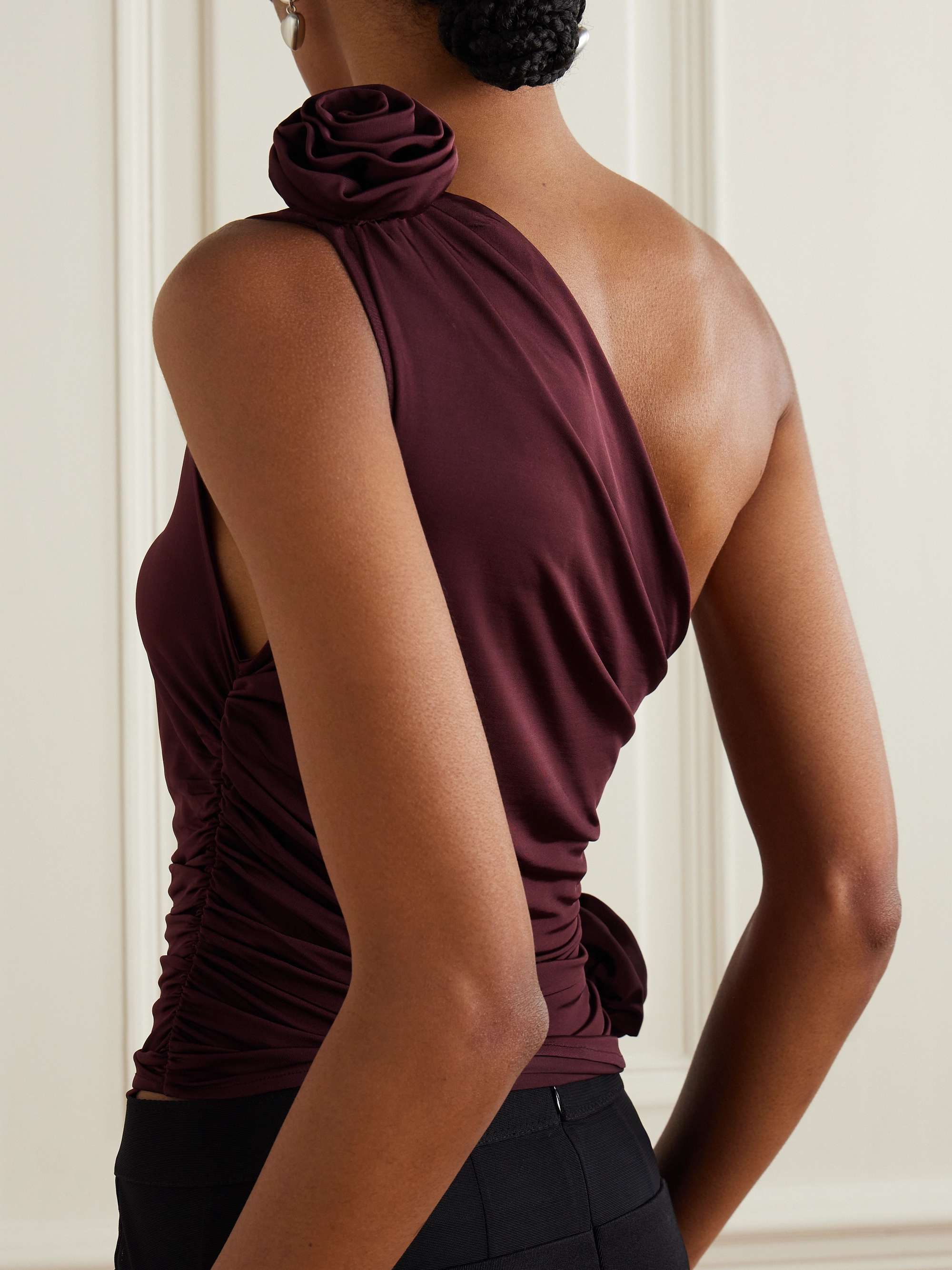 One-shoulder floral-appliquéd ruched satin-jersey top view