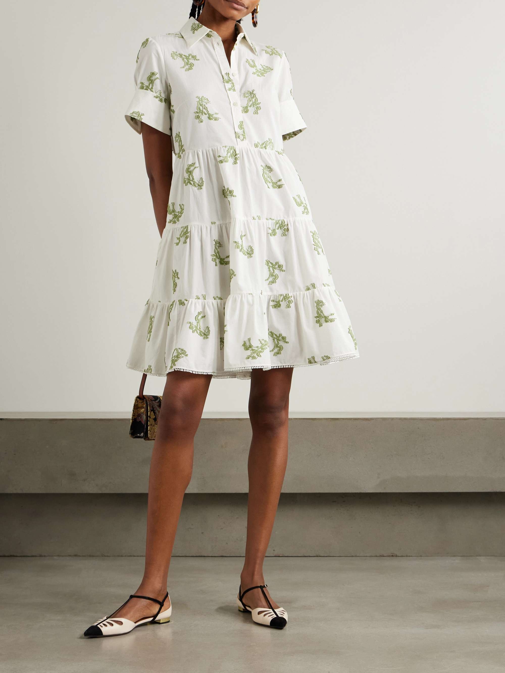 Embroidered gathered fil coupé cotton mini dress view