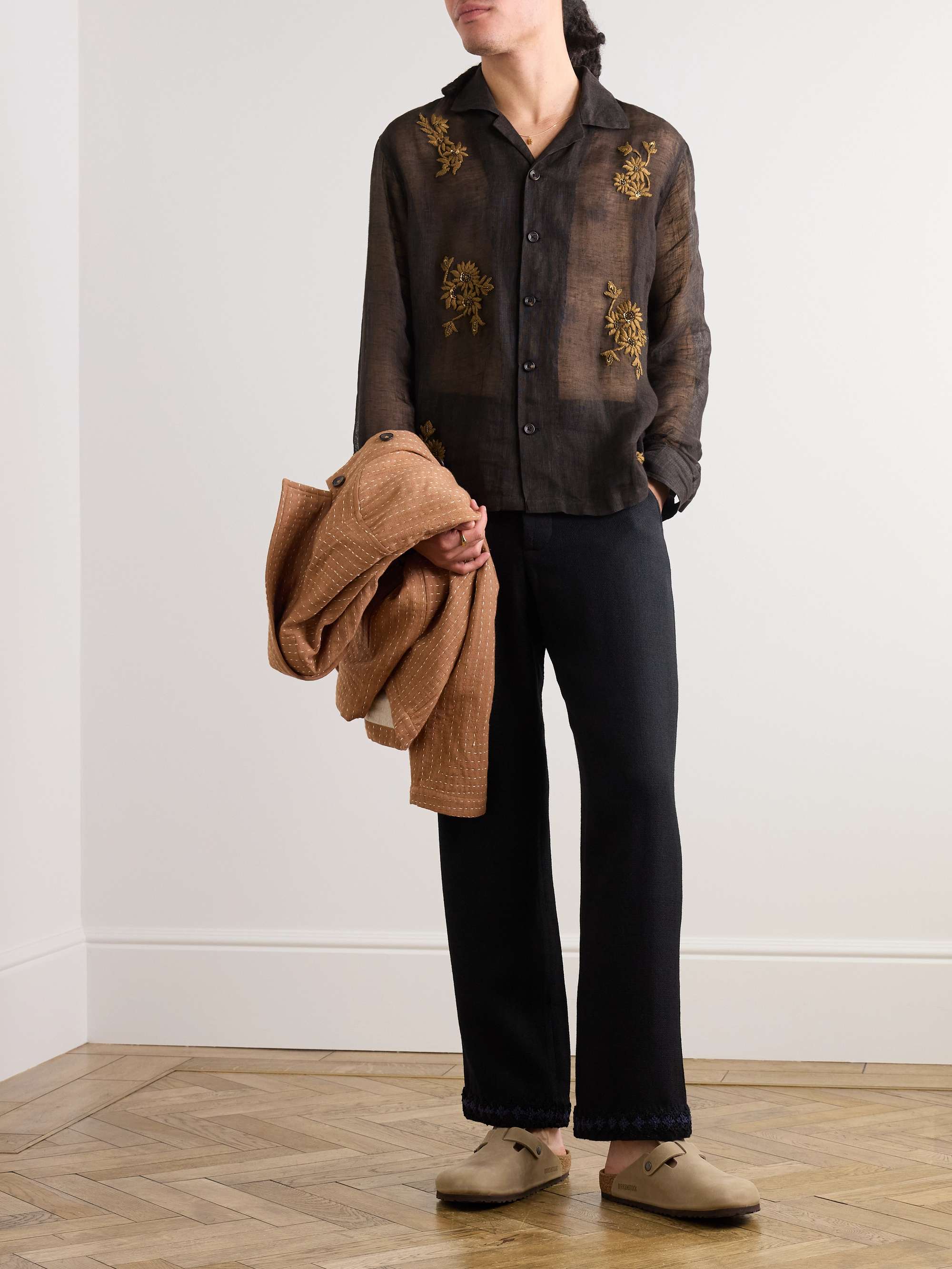 Camp-Collar Embellished Embroidered Cotton-Voile Shirt view