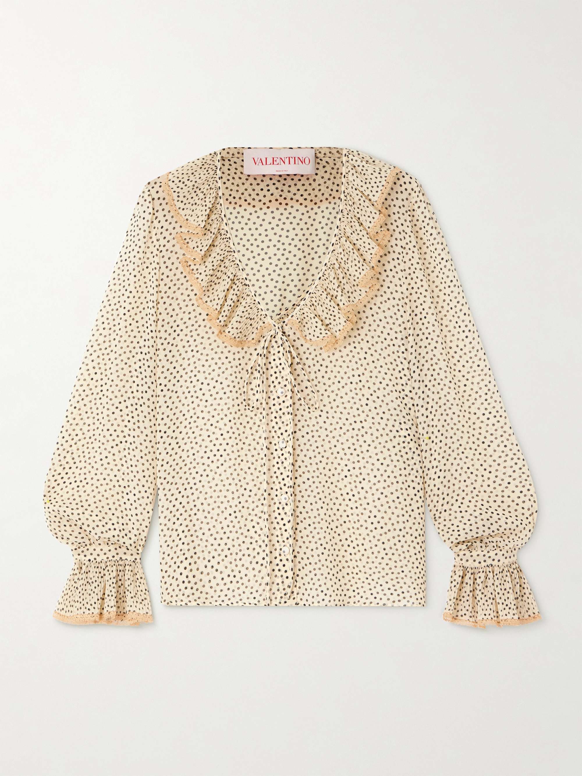 Lace-trimmed ruffled polka-dot silk-chiffon blouse view