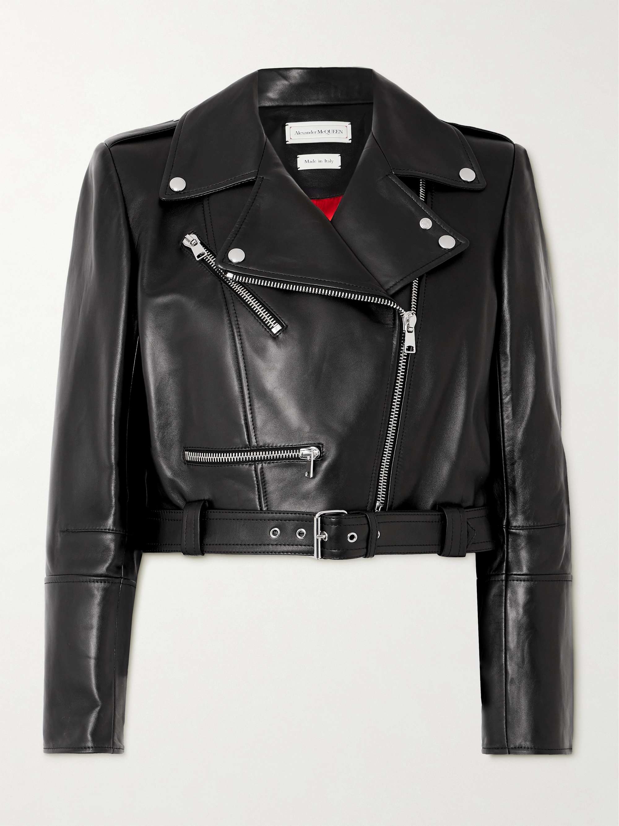 Cropped belted leather biker jacket view