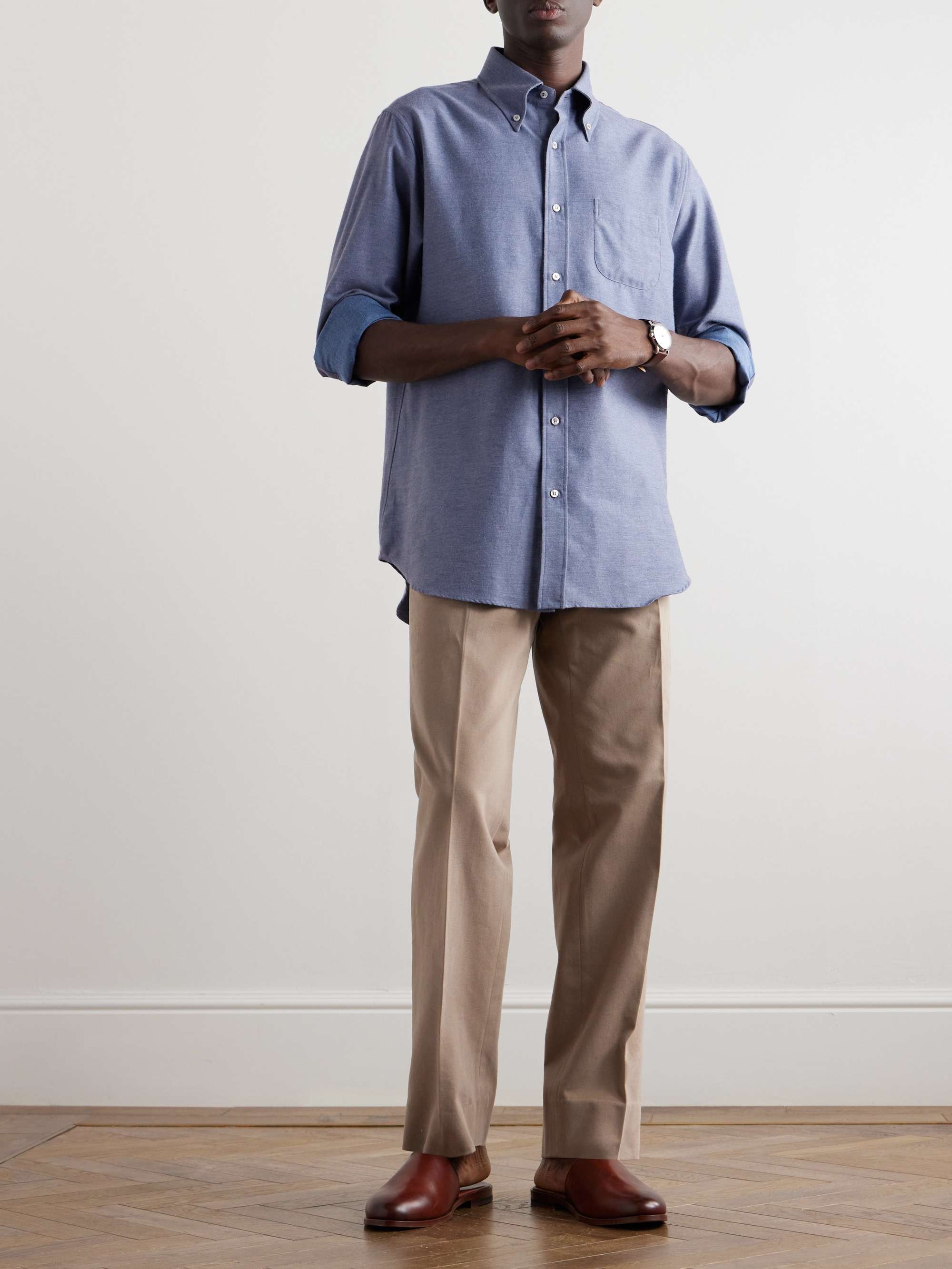 Button-Down Collar Cotton and Cashmere-Blend Denim Shirt view