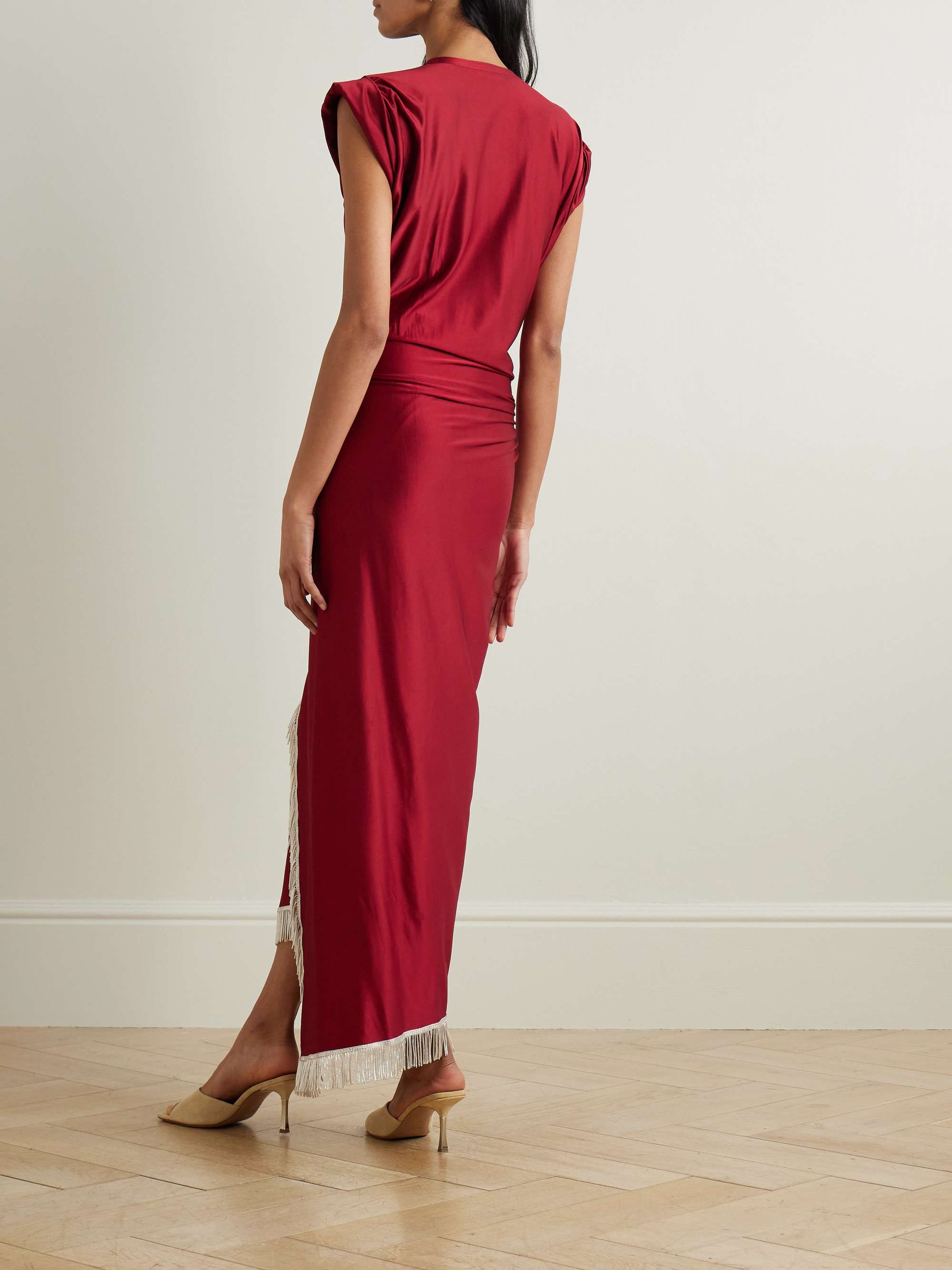 Asymmetric fringed draped satin-jersey dress view