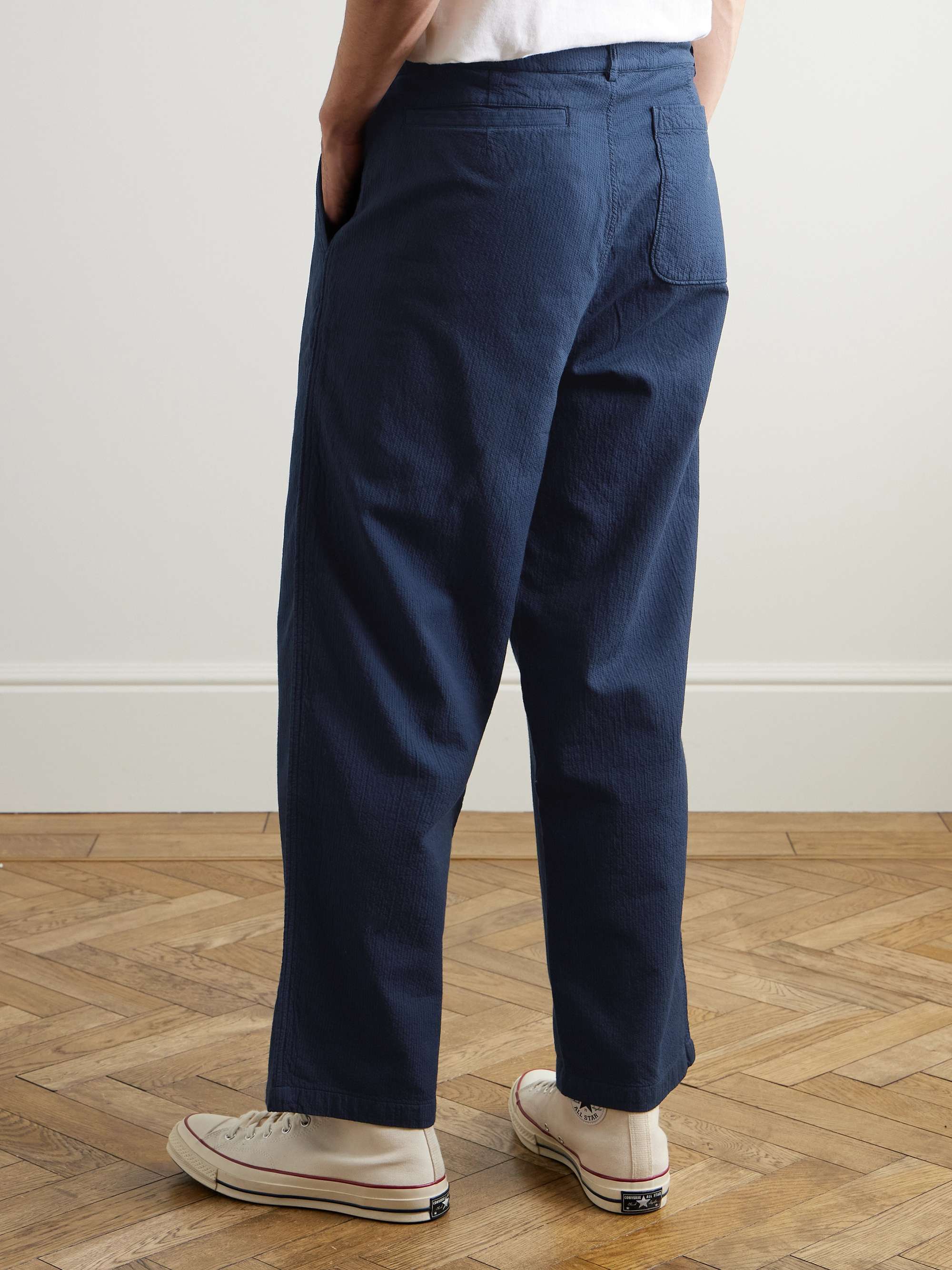 Wide-Leg Pleated Topstitched Cotton Trousers view