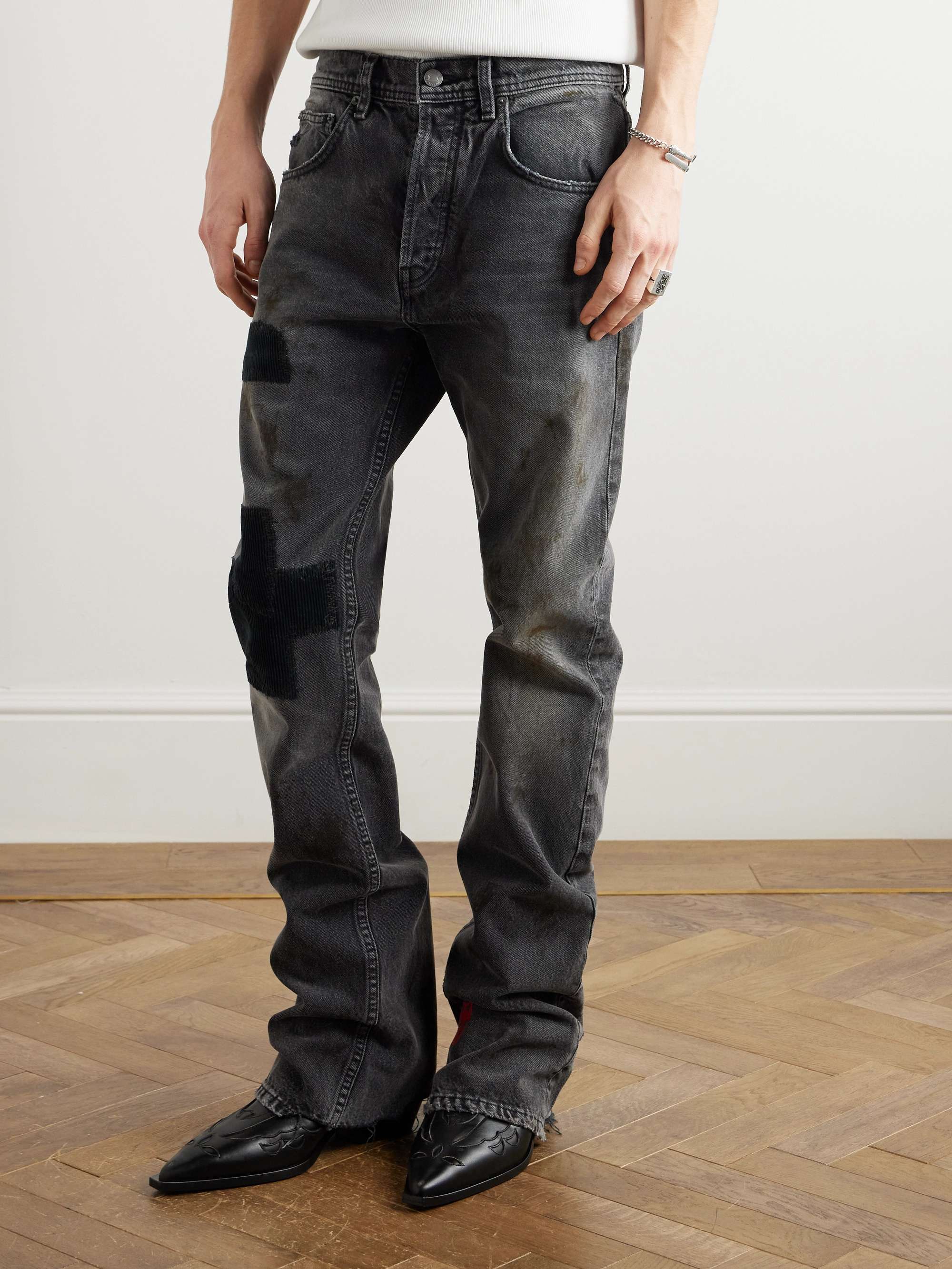 Patchwork Slim-Fit Flared Corduroy-Appliquéd Embroidered Distressed Jeans view