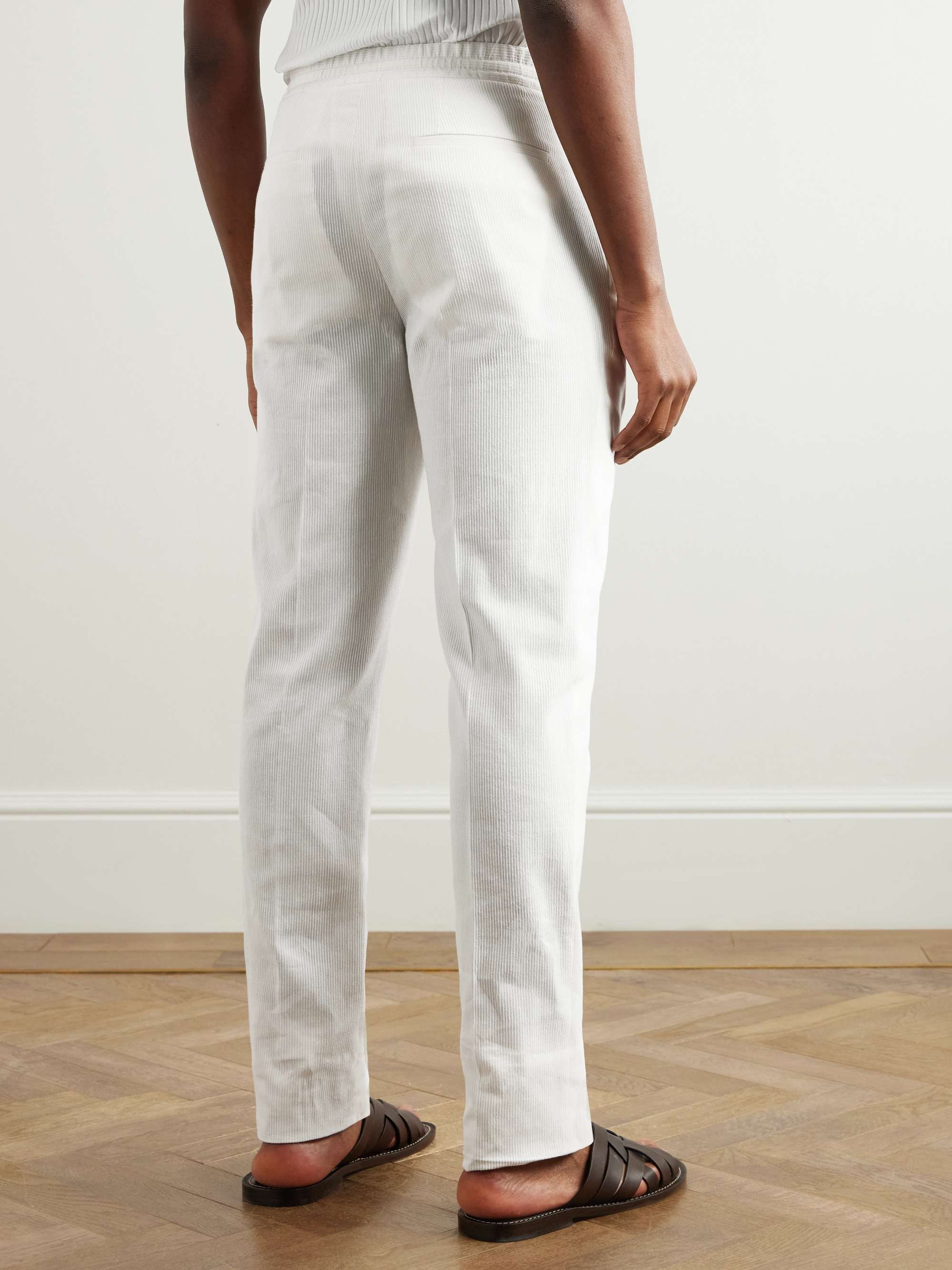 Straight-Leg Pleated Cotton-Blend Seersucker Drawstring Trousers view