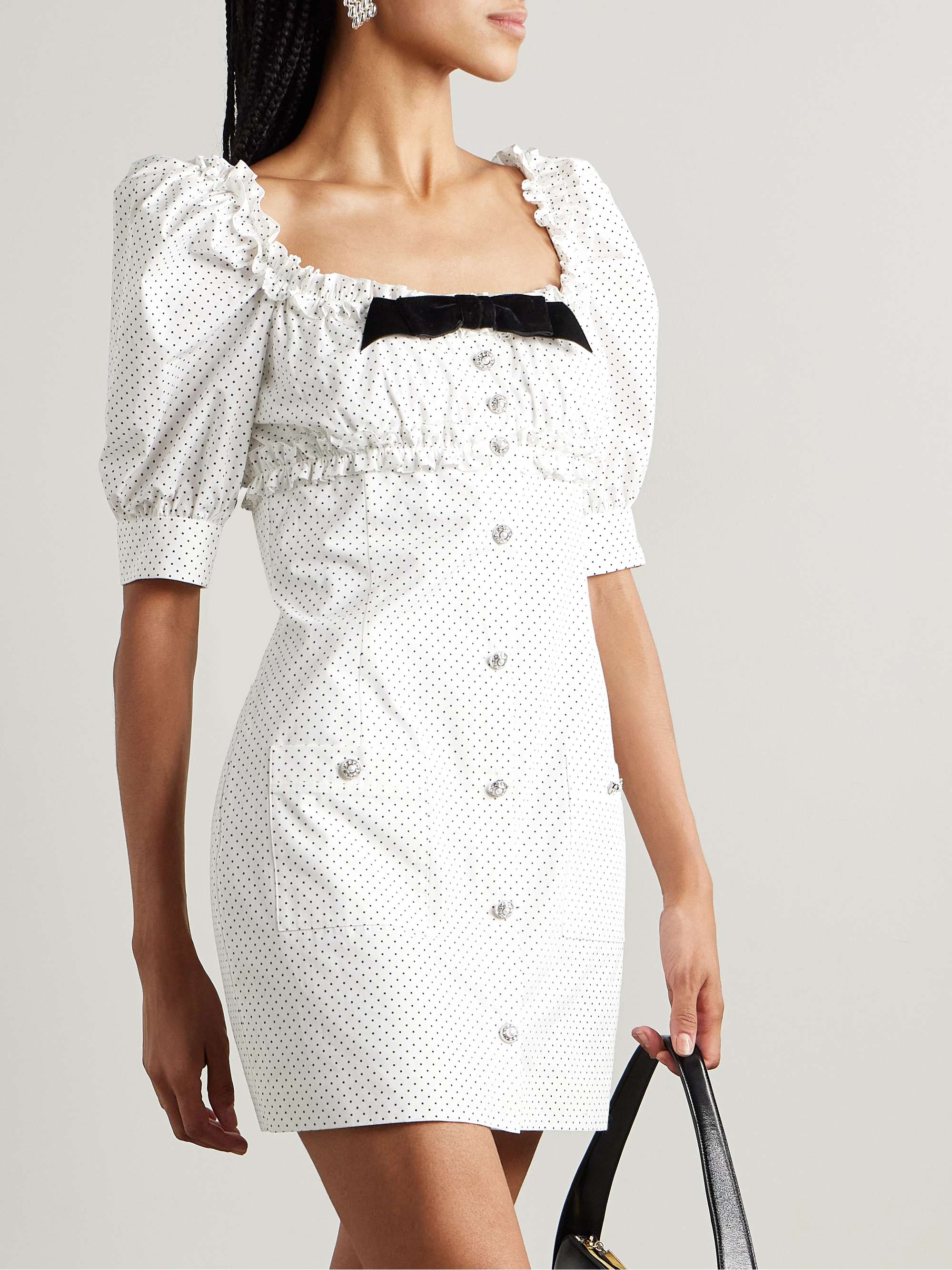 Velvet-trimmed ruffled polka-dot cotton-poplin mini dress view