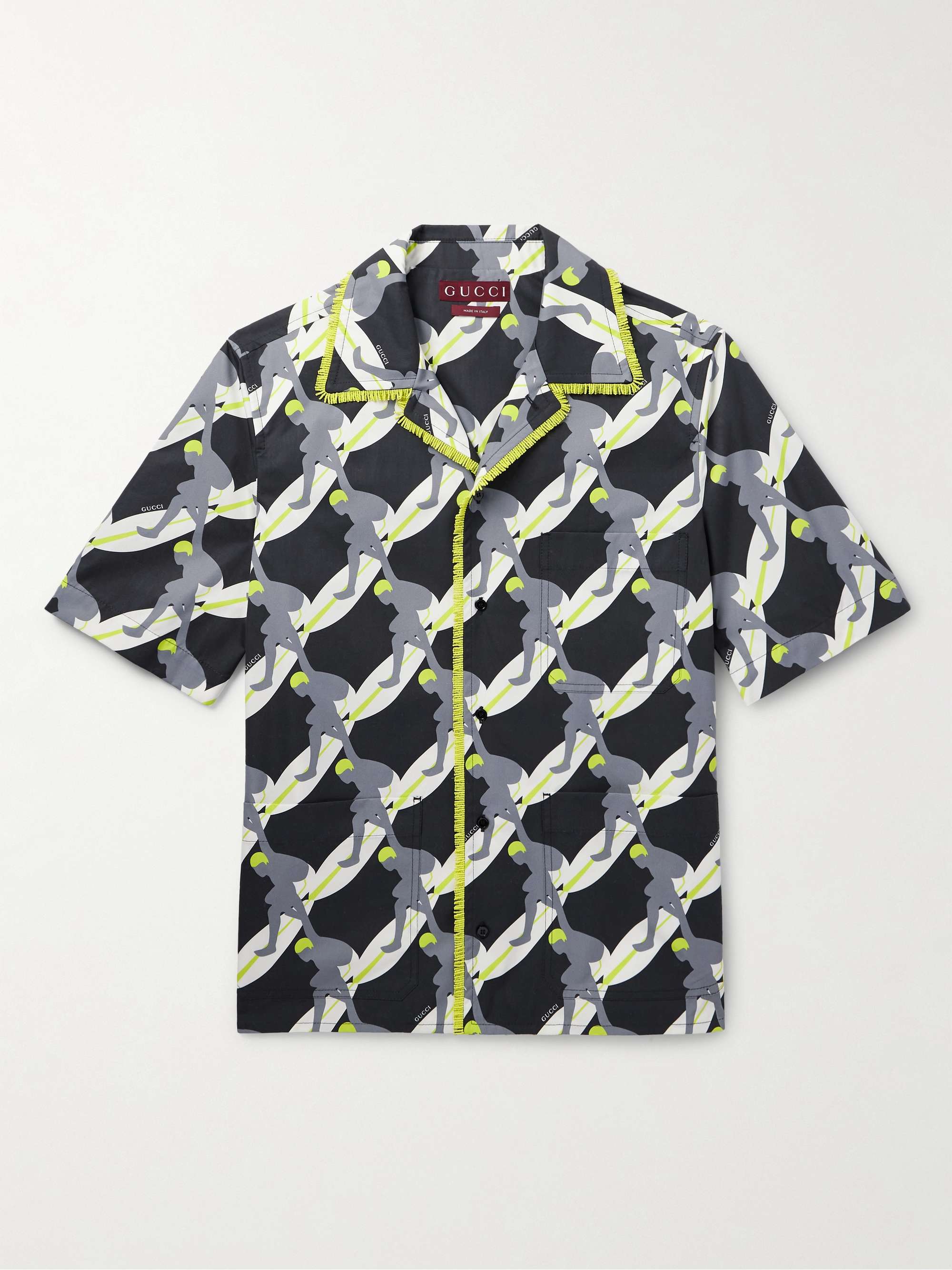 Camp-Collar Fringed Printed Cotton-Poplin Shirt view