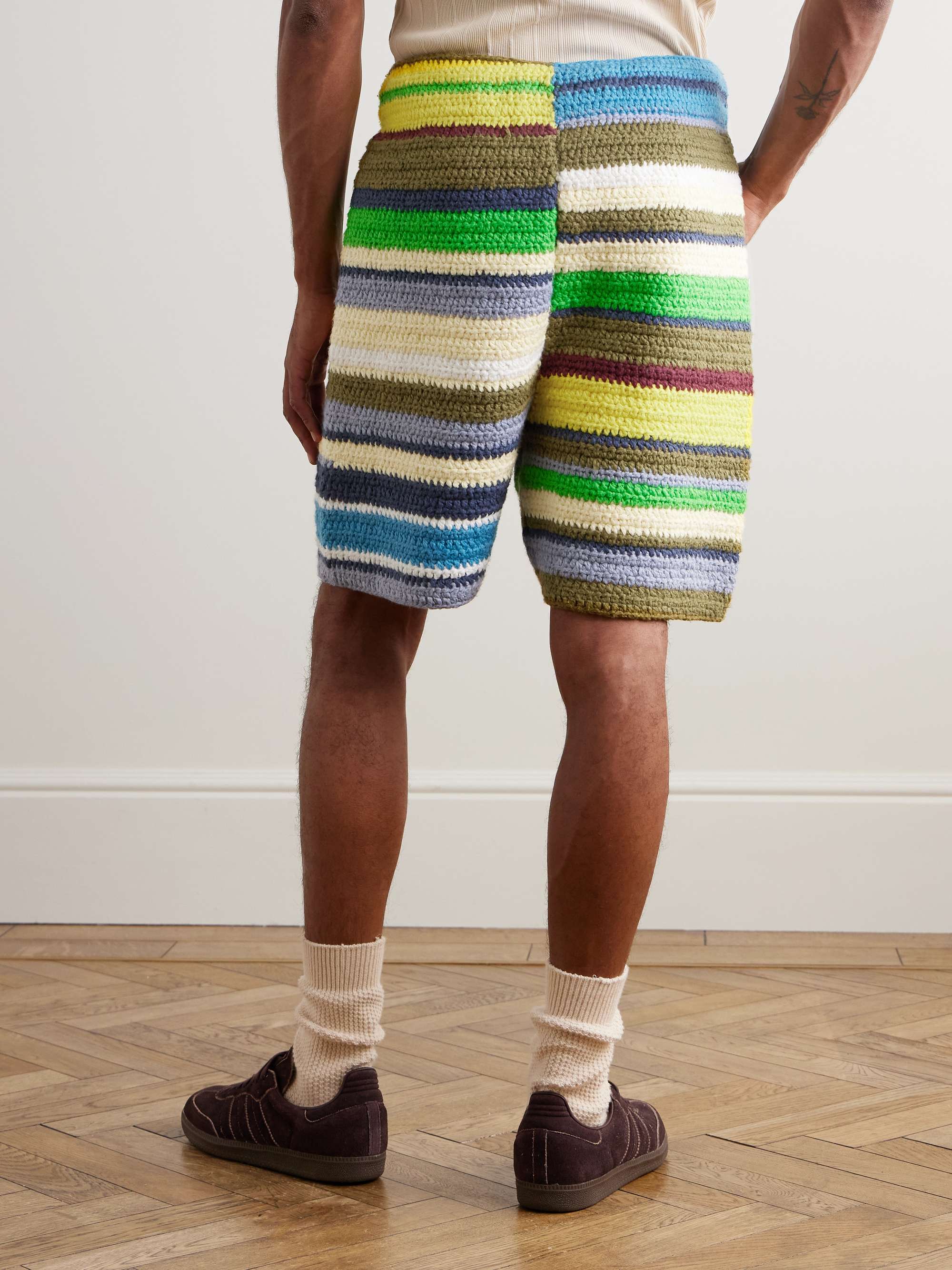 Straight-Leg Striped Crocheted Organic Cotton Drawstring Shorts view