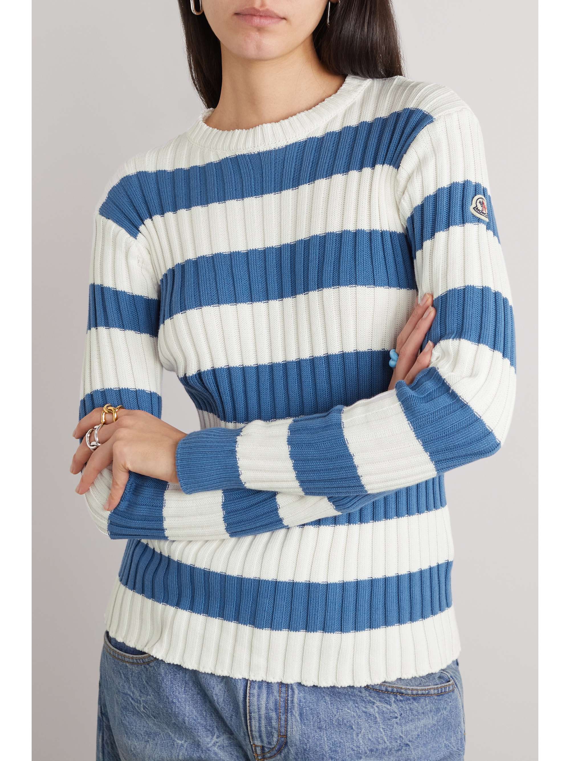 Shell-trimmed striped ribbed cotton hoodie view