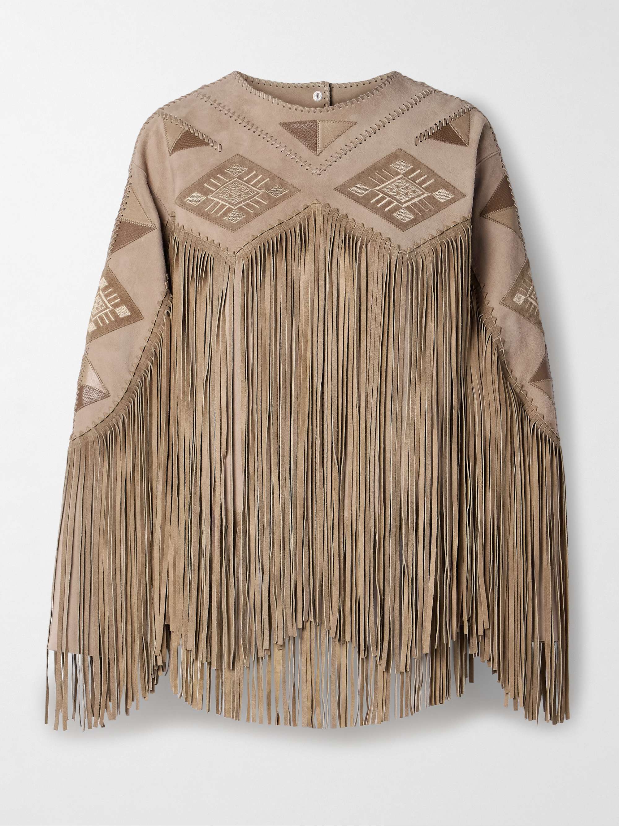 Dolci fringed leather-trimmed embroidered suede top view