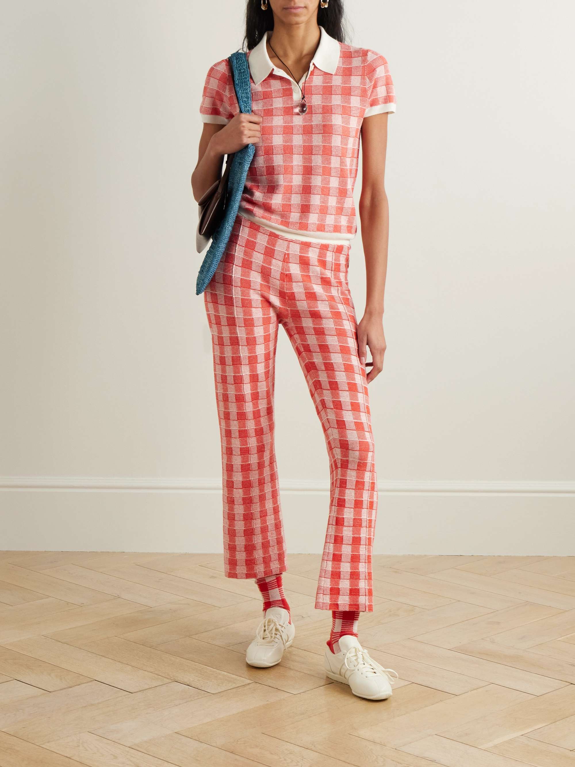 Gingham silk-blend flared pants view