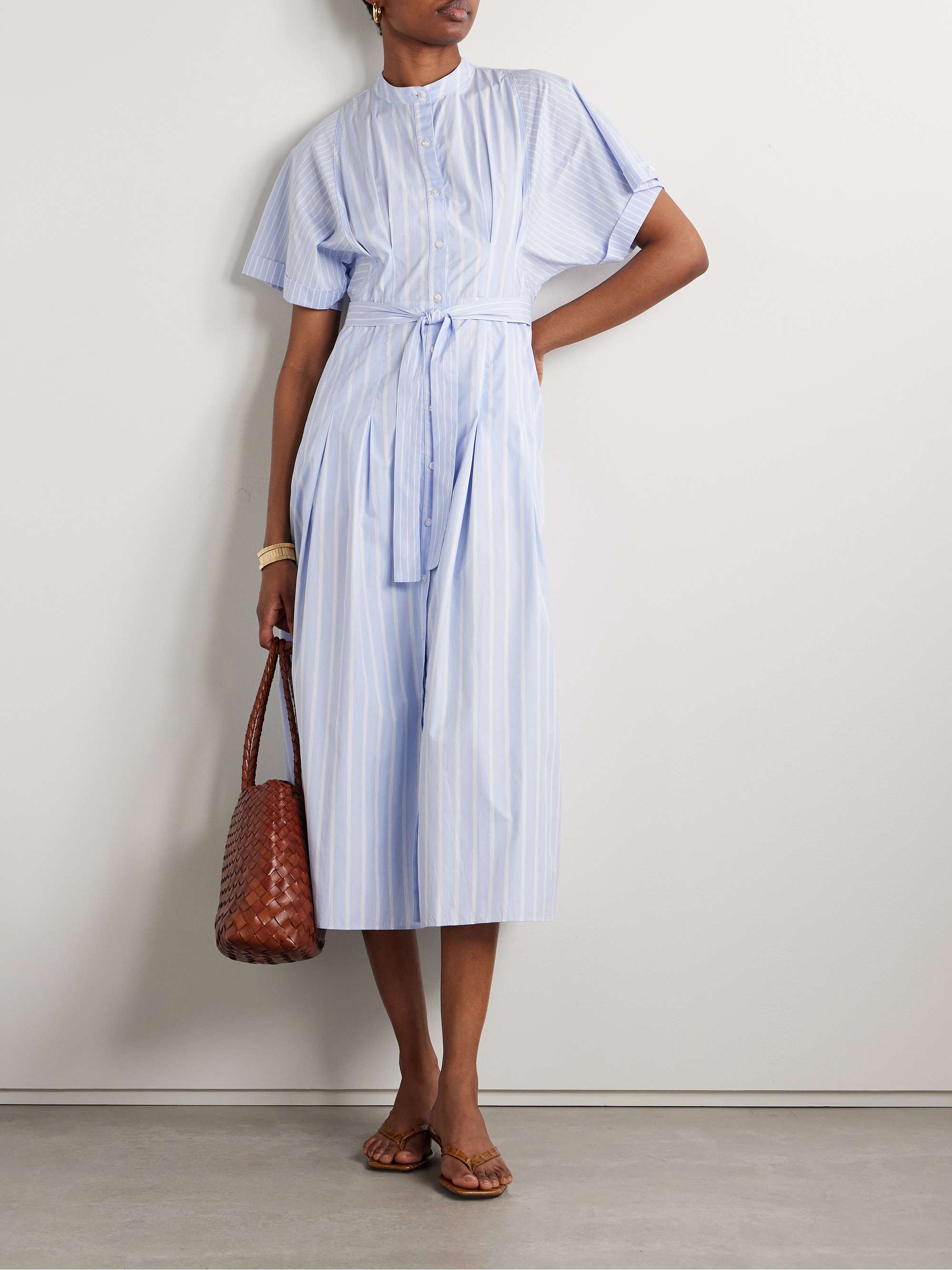 Belted pleated striped cotton-poplin midi shirt dress view