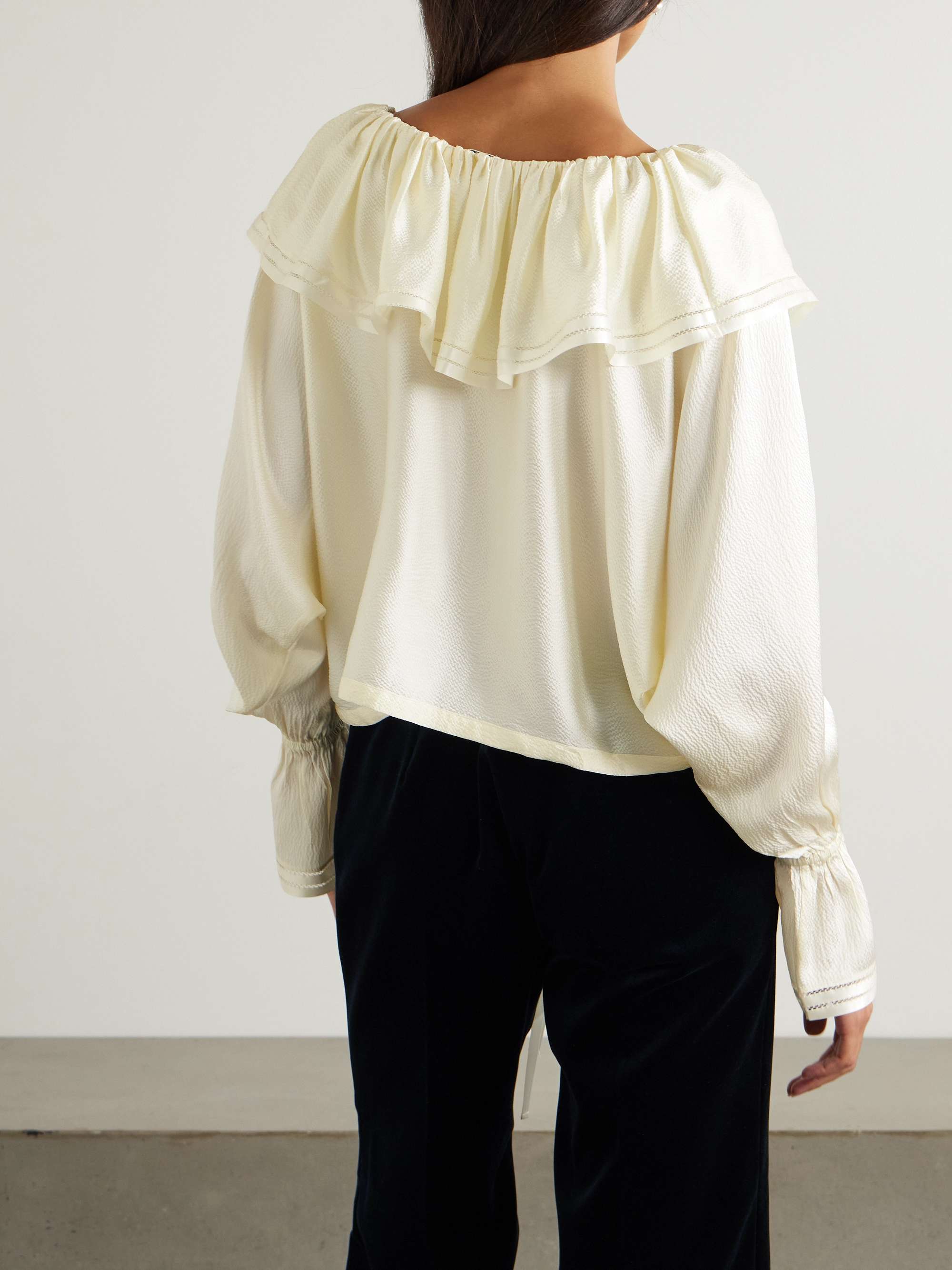 Claret off-the-shoulder ruffled pointelle-trimmed hammered-silk blouse view