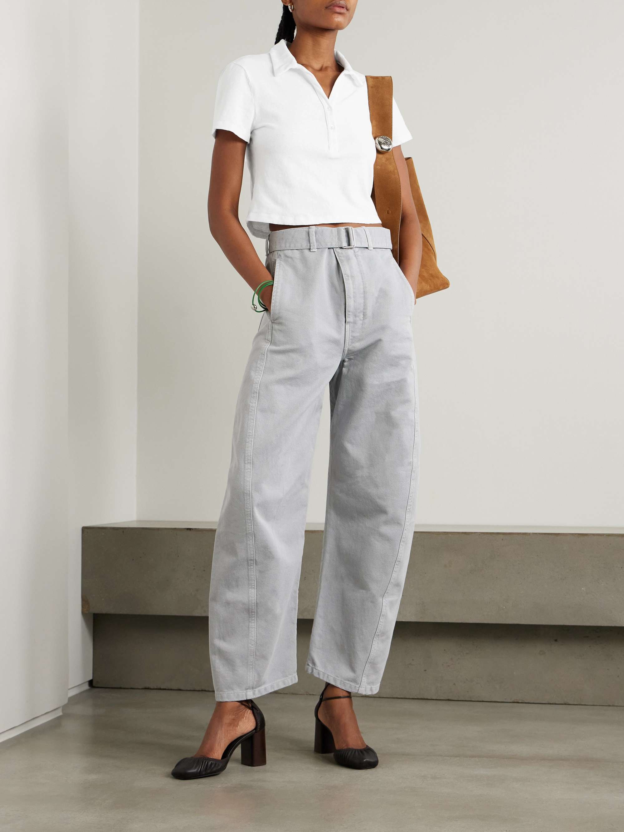 Cropped cotton-blend terry polo shirt view