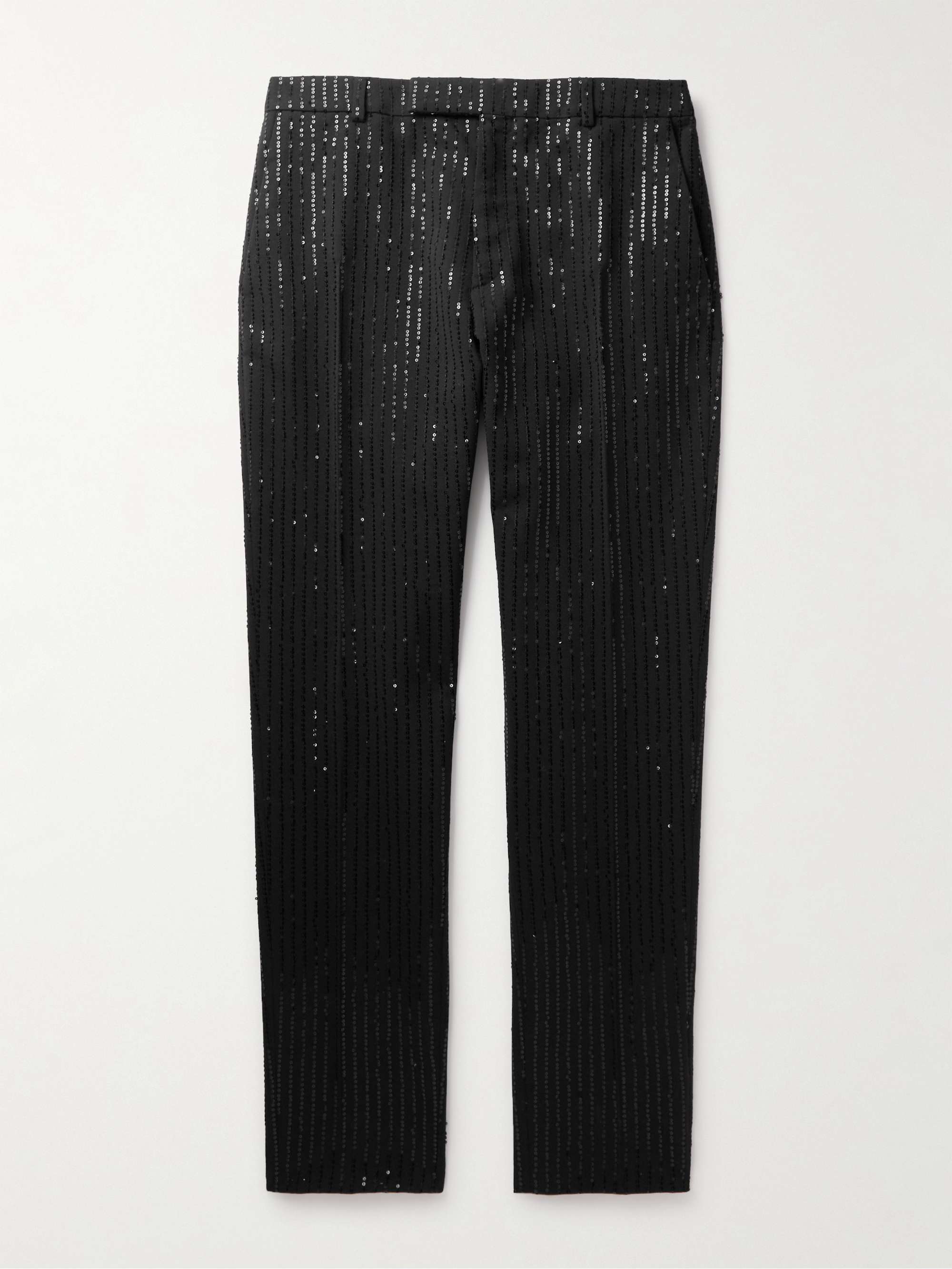 Straight-Leg Striped Sequin-Embellished Wool Trousers view