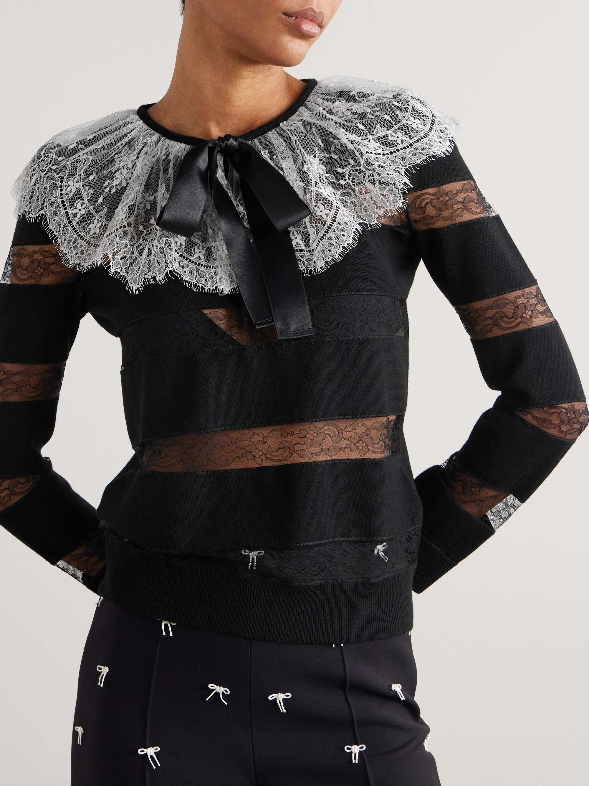 Bow-embellished striped lace-trimmed wool sweater view