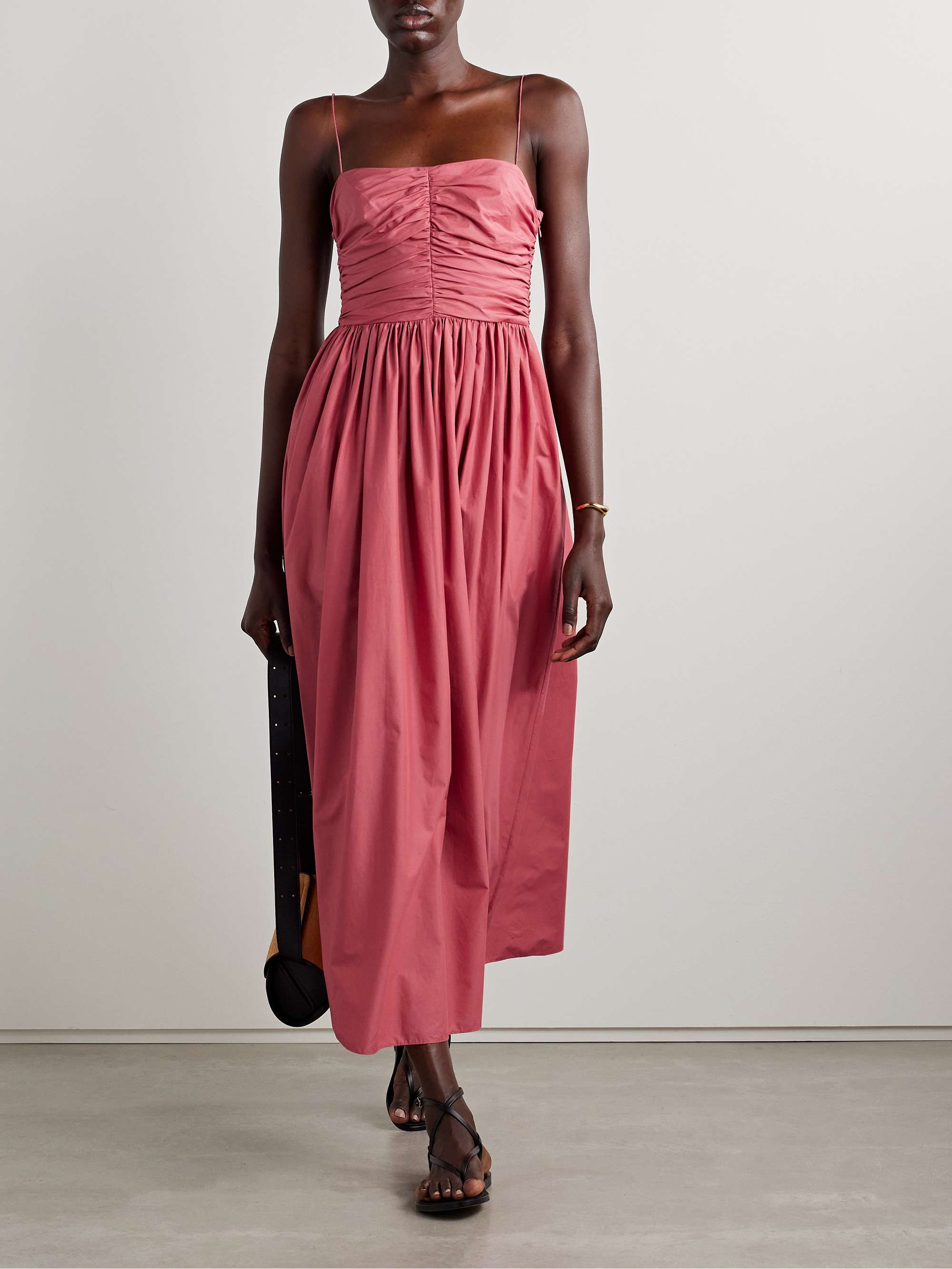 Gathered organic cotton and silk-blend midi dress view