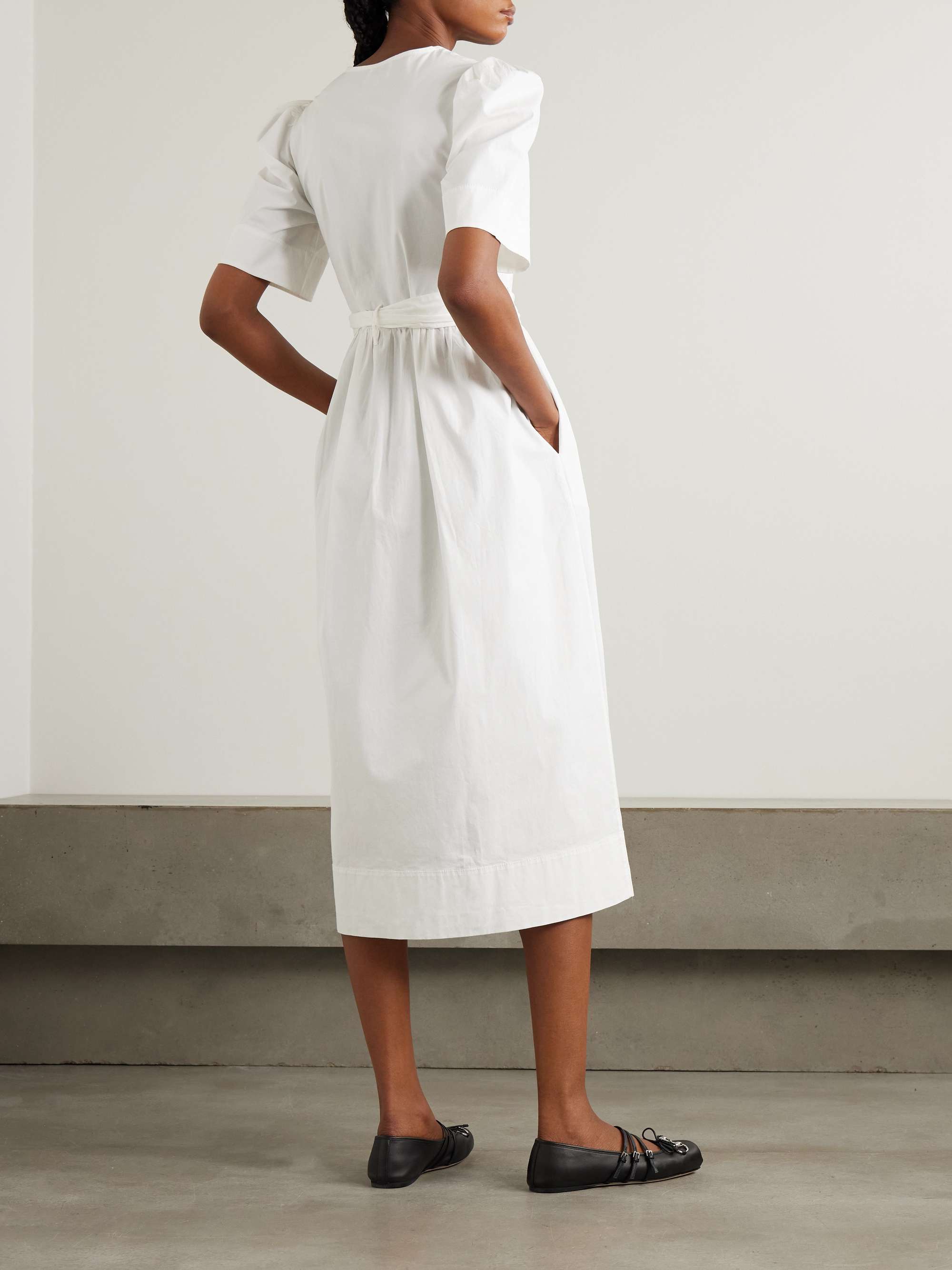 Belted tie-detailed gathered cotton-blend poplin midi dress view