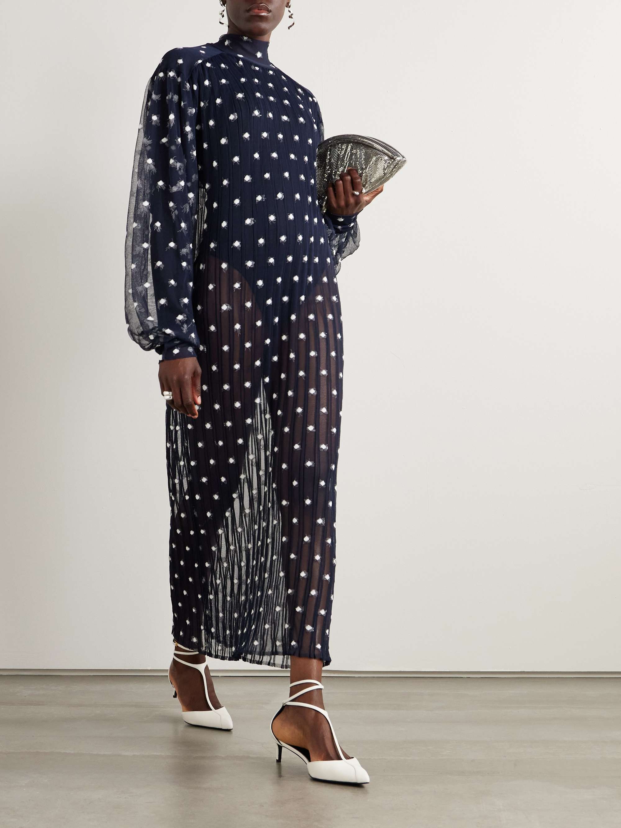 Polka-dot chiffon-trimmed ribbed-knit midi dress view