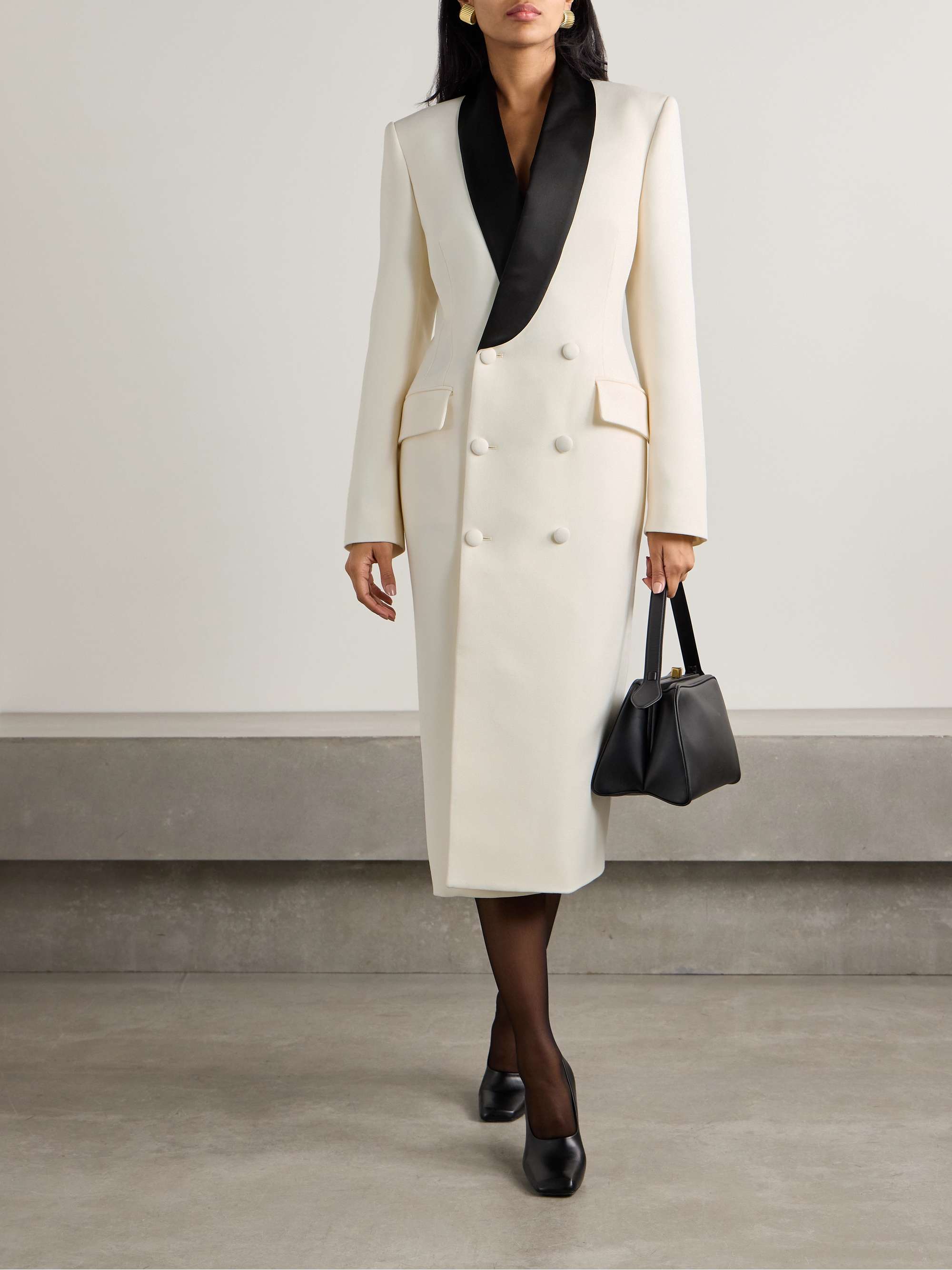 Double-breasted satin-trimmed wool-crepe midi dress view