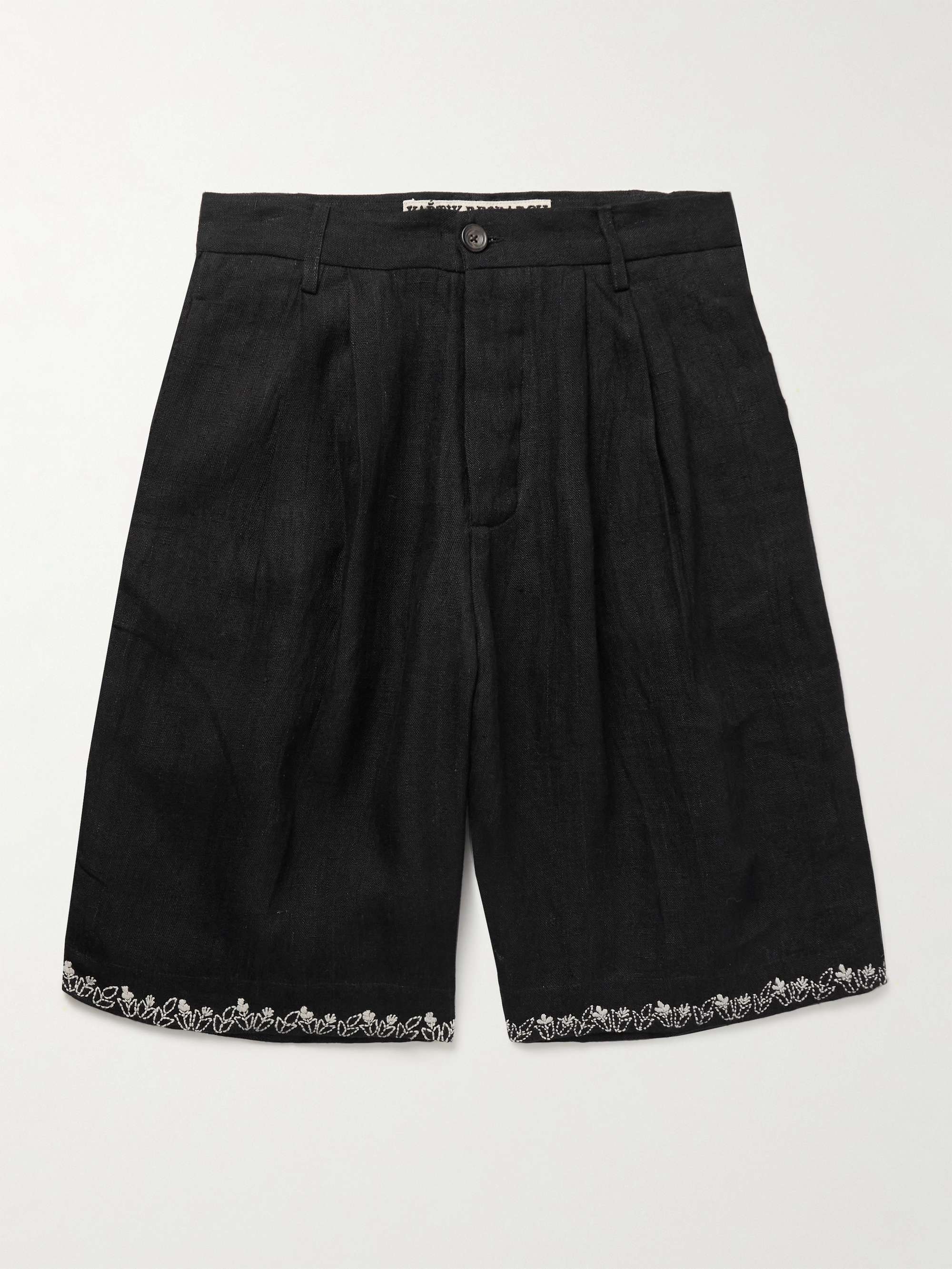 Straight-Leg Pleated Embroidered Linen Shorts view
